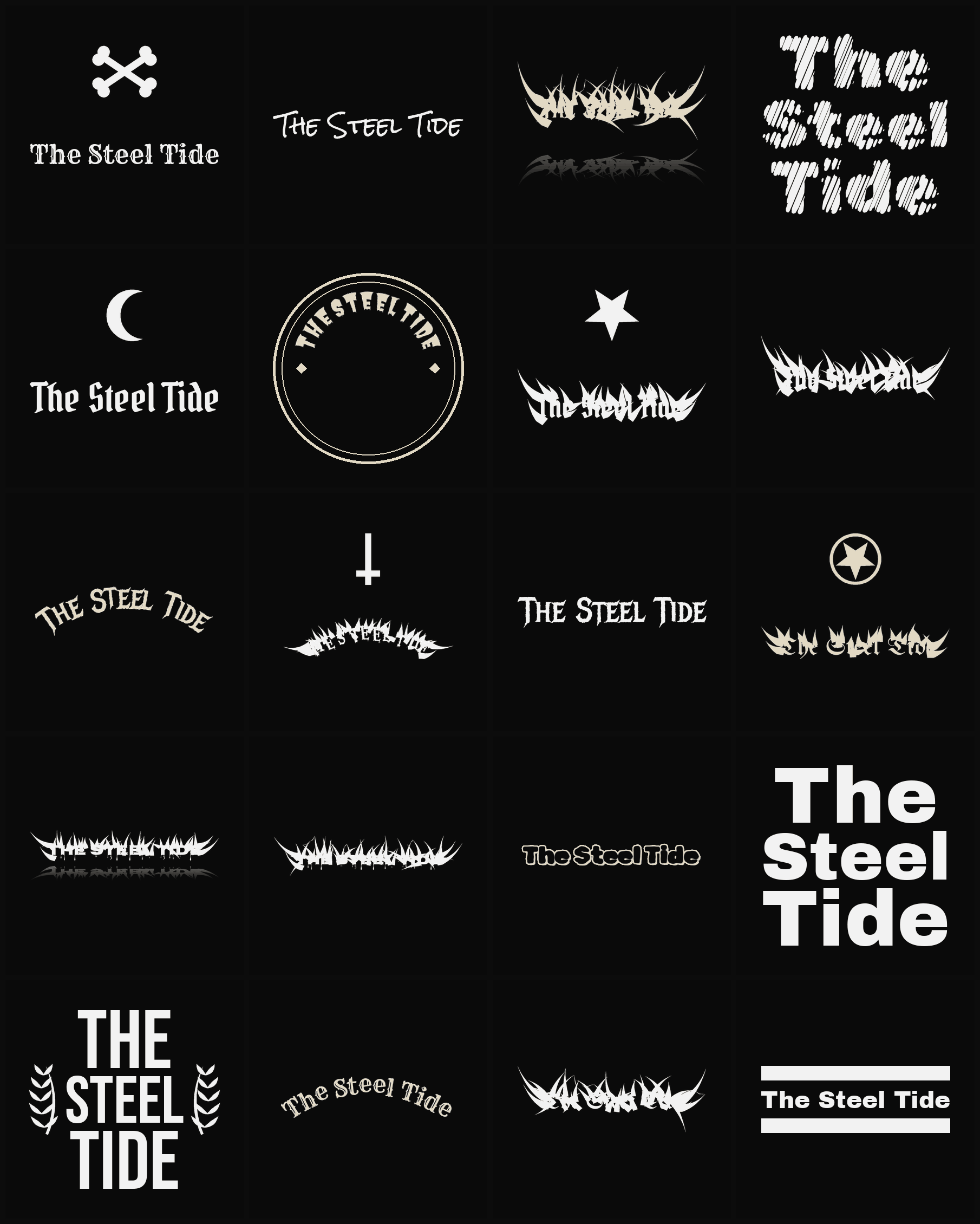 Twenty The Steel Tide band logo ideas — different faces, treatments and spike settings