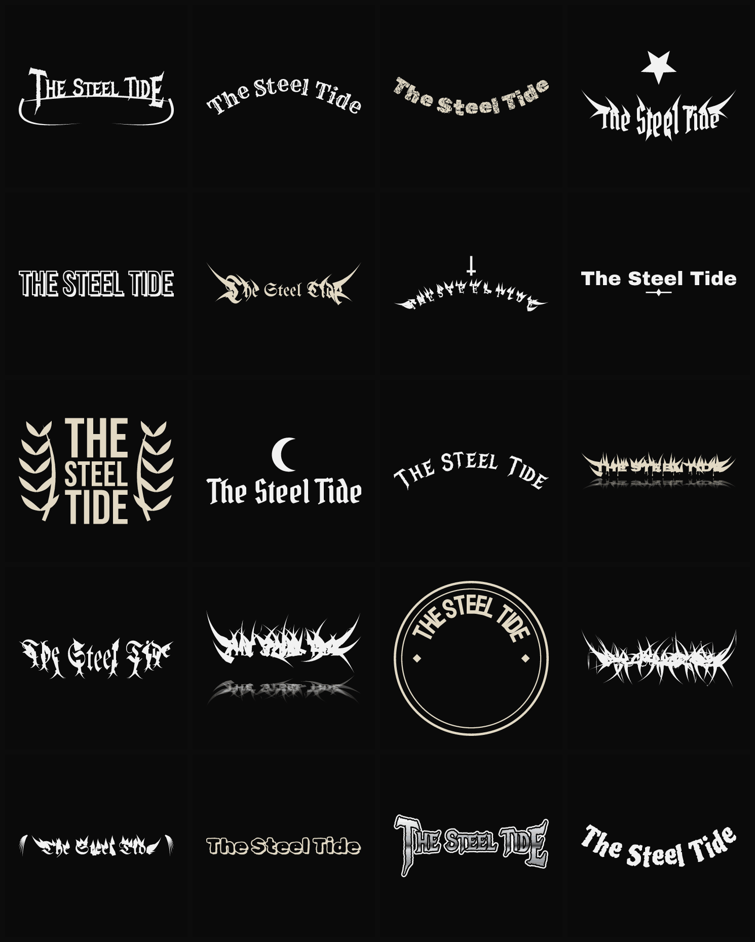 Twenty The Steel Tide band logo ideas — different faces, treatments and spike settings