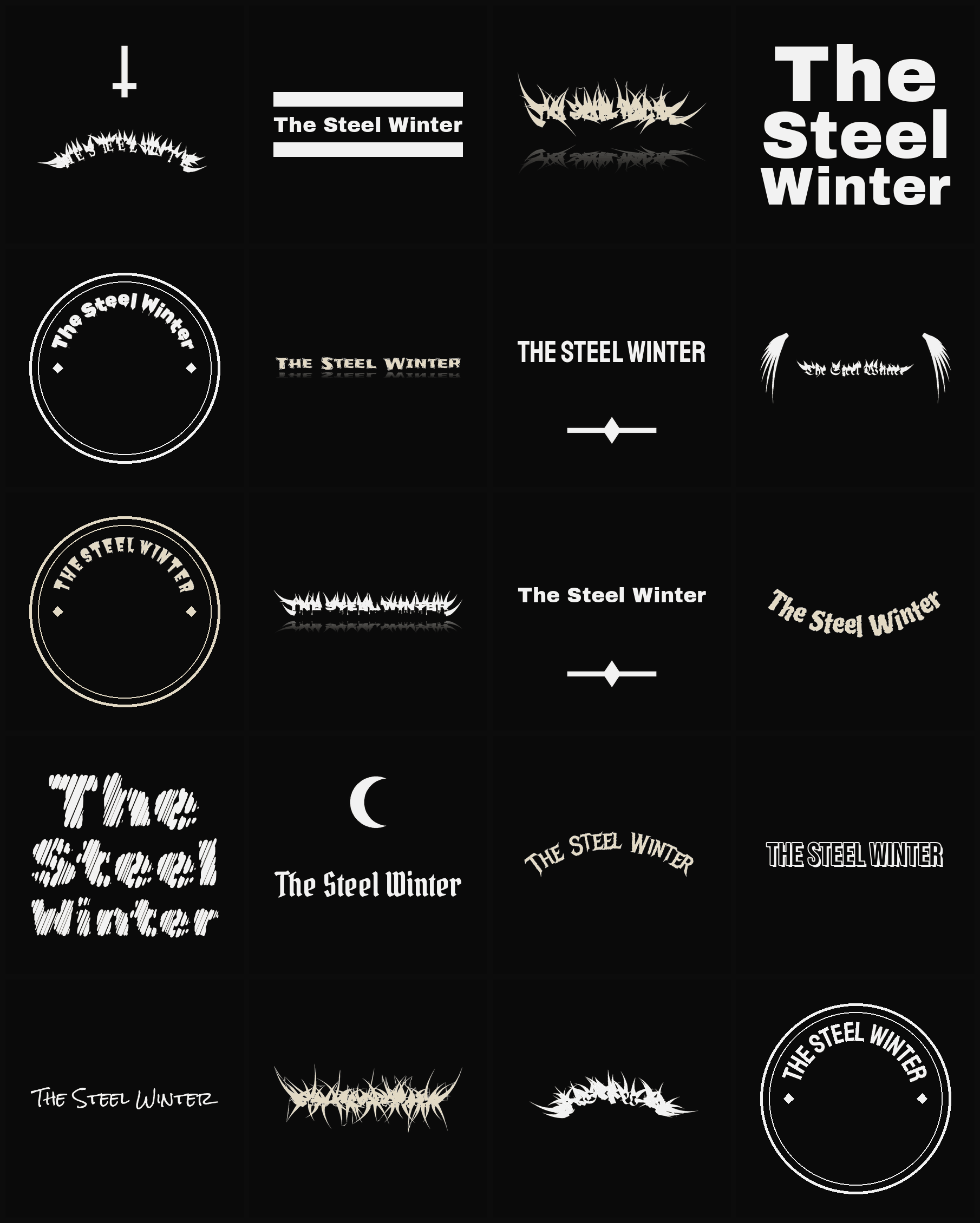Twenty The Steel Winter band logo ideas — different faces, treatments and spike settings