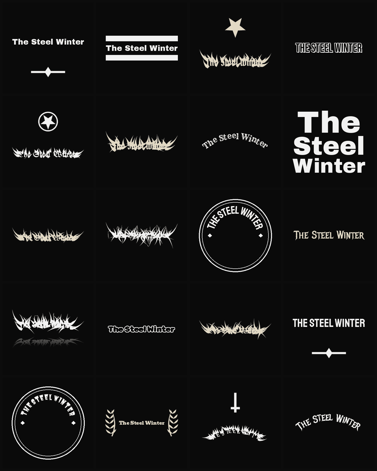 Twenty The Steel Winter band logo ideas — different faces, treatments and spike settings