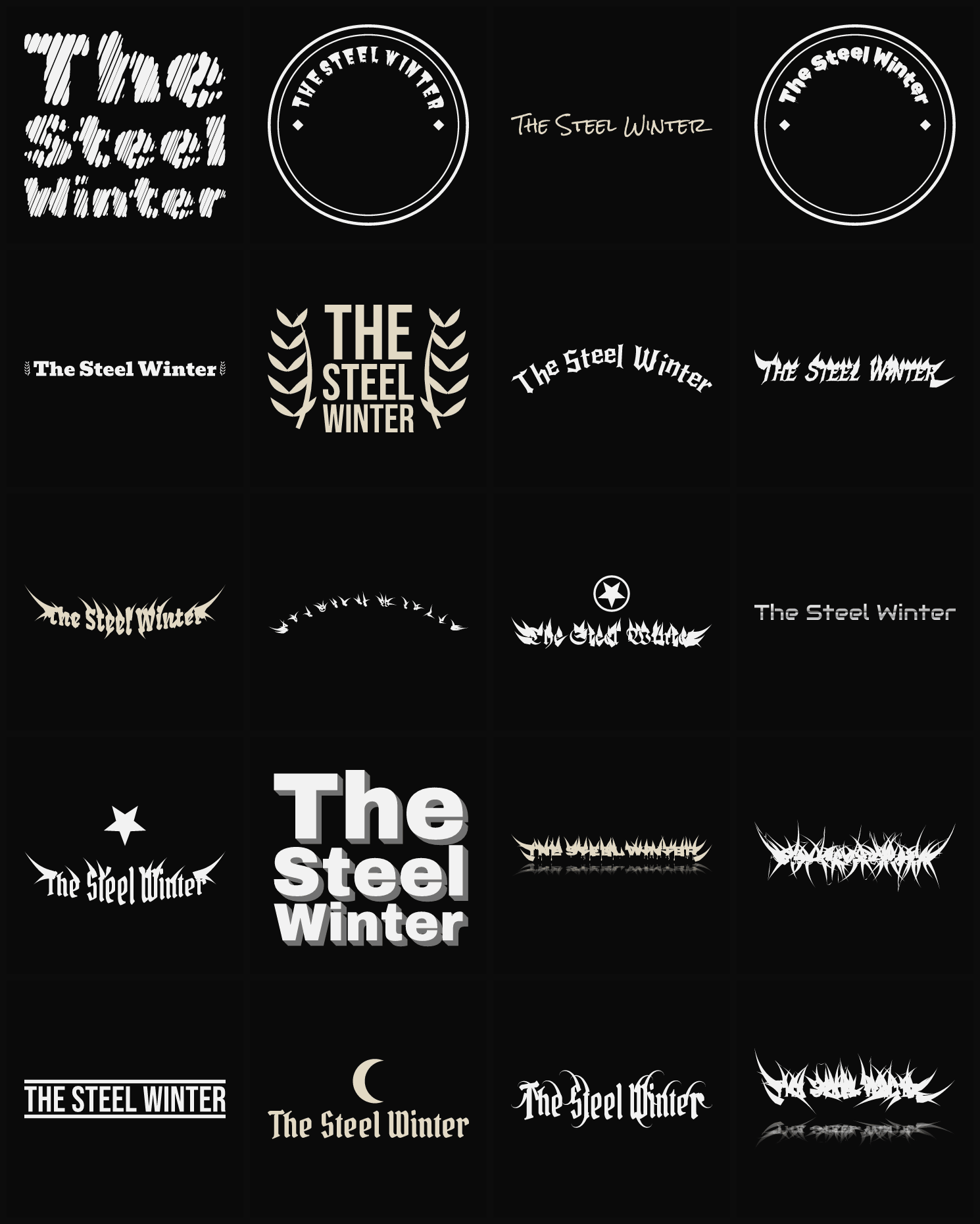 Twenty The Steel Winter band logo ideas — different faces, treatments and spike settings