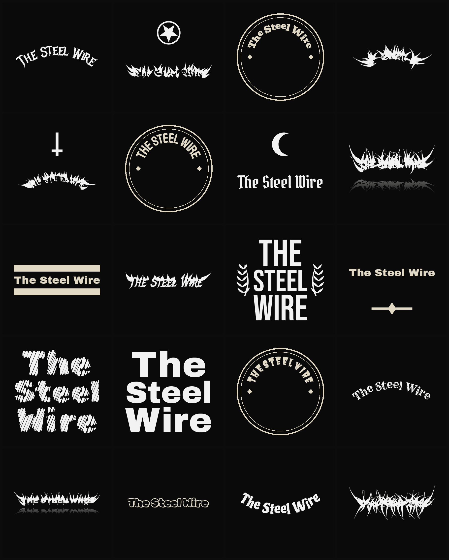 Twenty The Steel Wire band logo ideas — different faces, treatments and spike settings