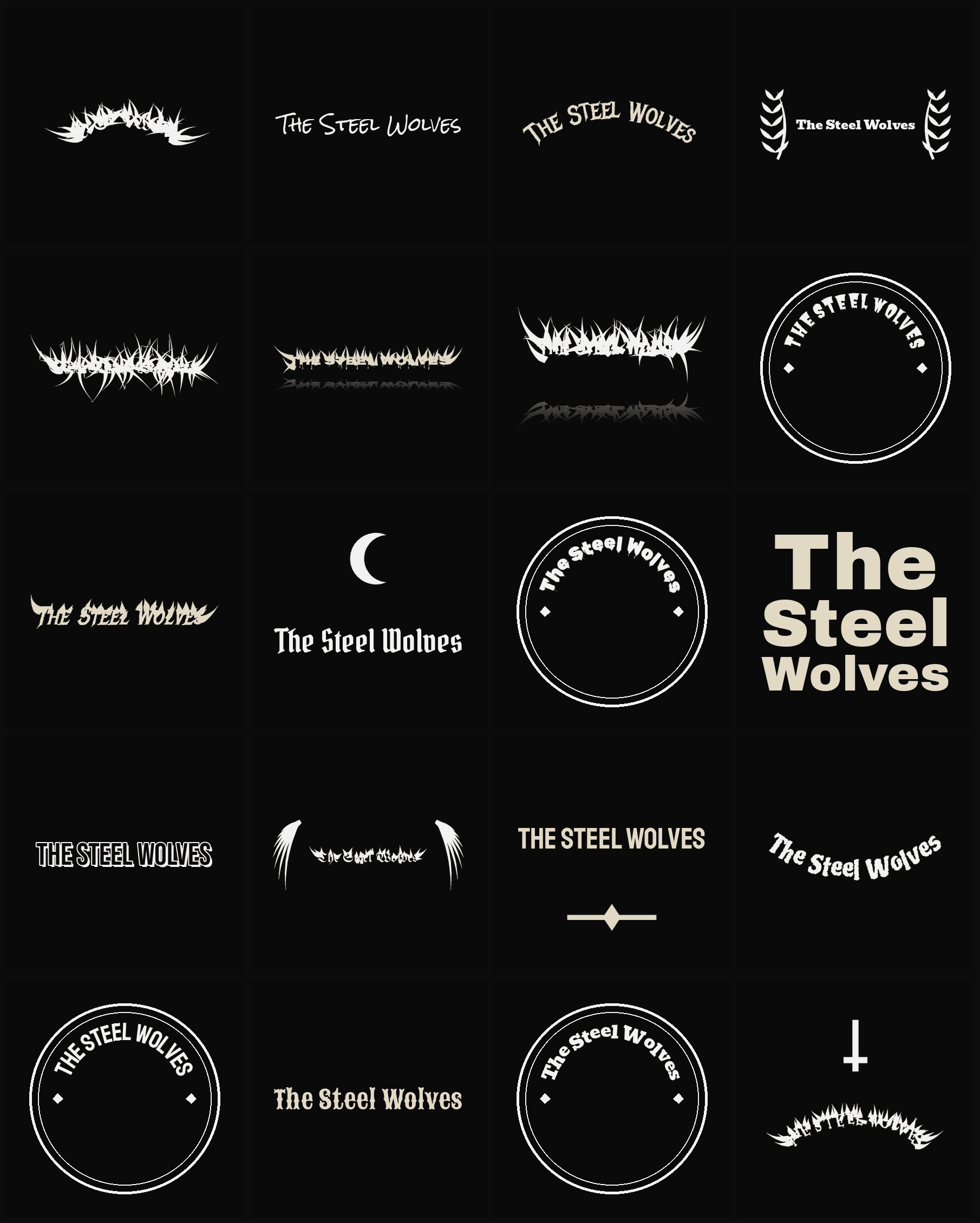 Twenty The Steel Wolves band logo ideas — different faces, treatments and spike settings