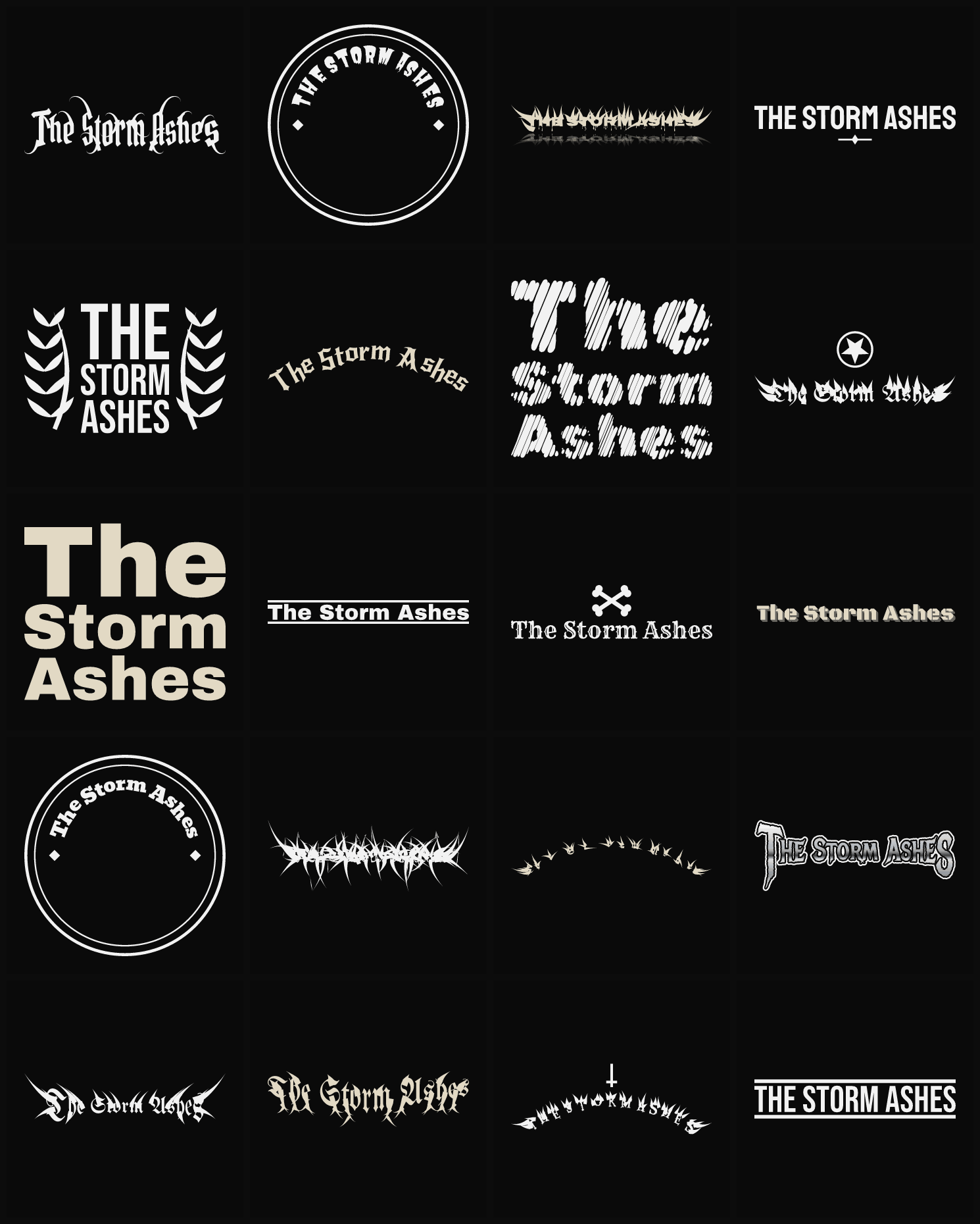 Twenty The Storm Ashes band logo ideas — different faces, treatments and spike settings