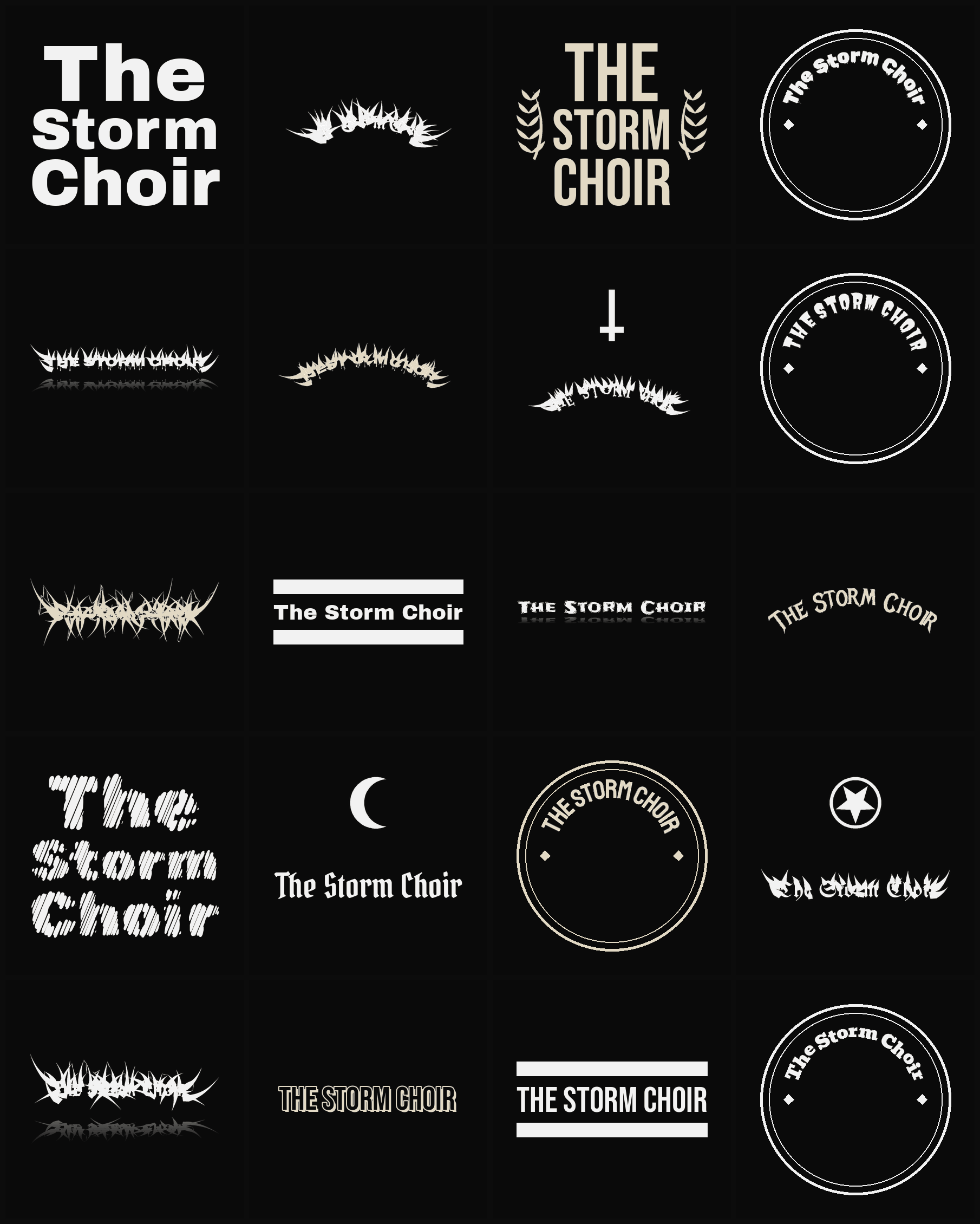 Twenty The Storm Choir band logo ideas — different faces, treatments and spike settings