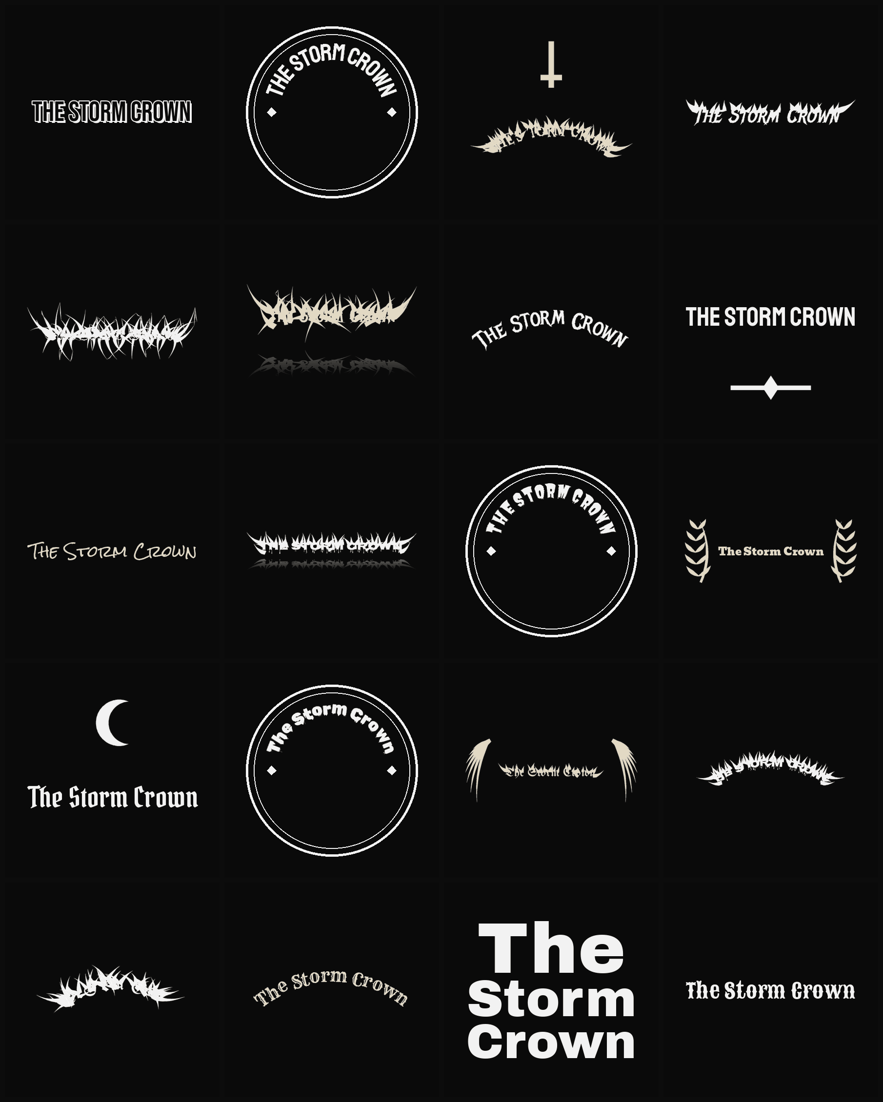 Twenty The Storm Crown band logo ideas — different faces, treatments and spike settings