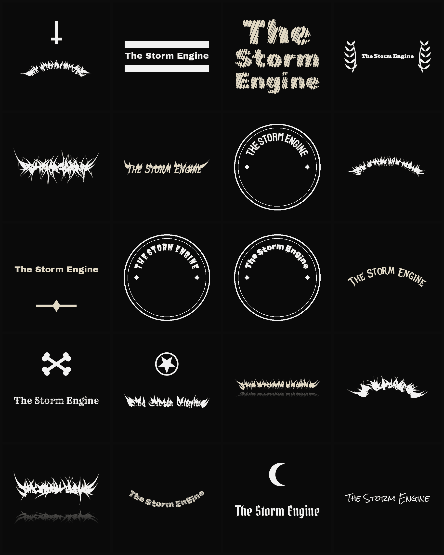 Twenty The Storm Engine band logo ideas — different faces, treatments and spike settings