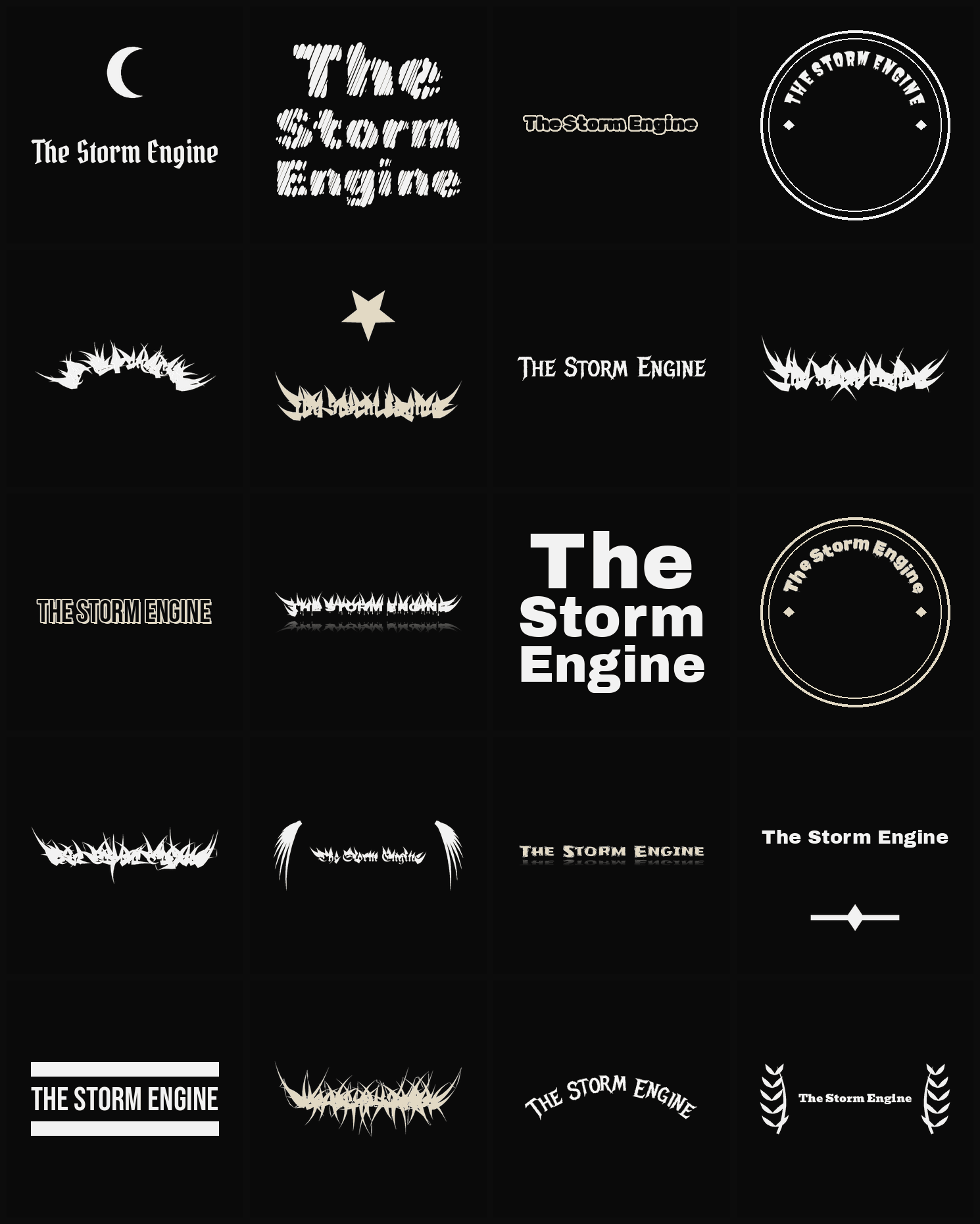 Twenty The Storm Engine band logo ideas — different faces, treatments and spike settings