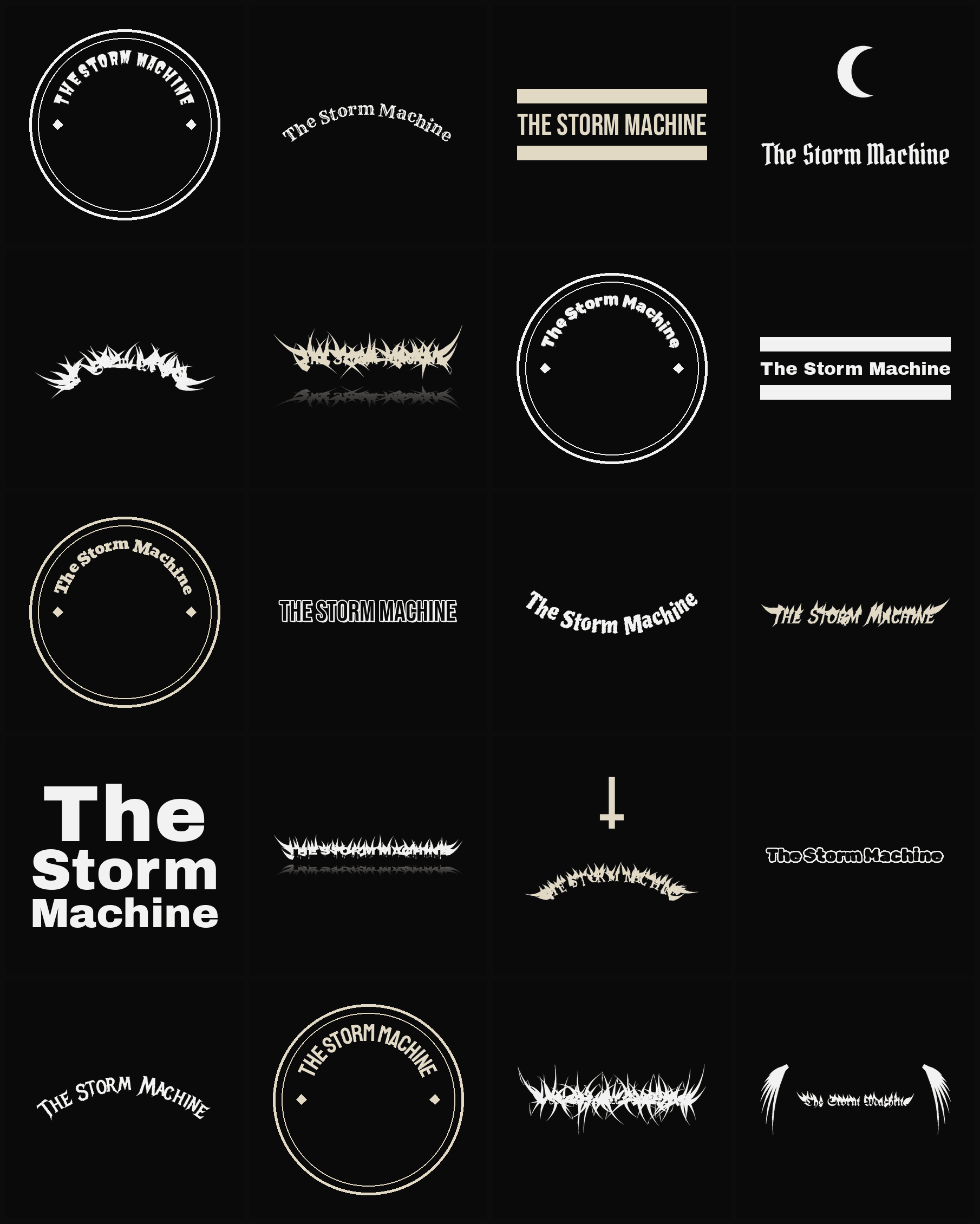 Twenty The Storm Machine band logo ideas — different faces, treatments and spike settings