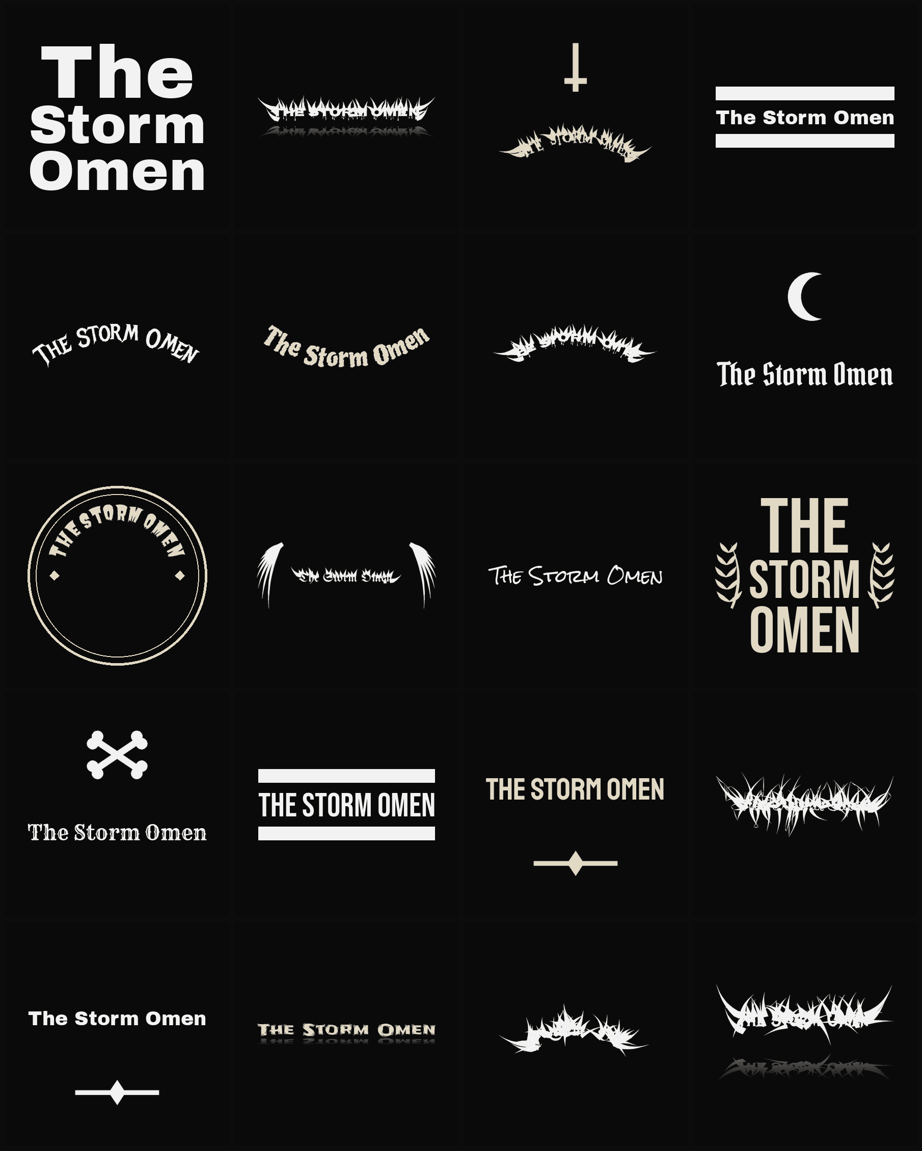 Twenty The Storm Omen band logo ideas — different faces, treatments and spike settings