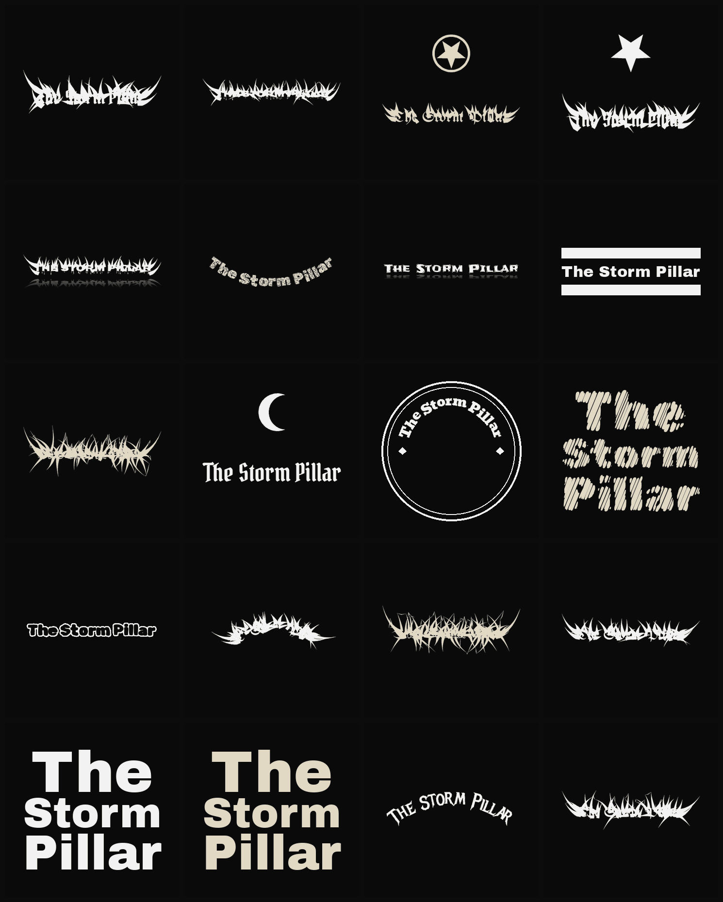 Twenty The Storm Pillar band logo ideas — different faces, treatments and spike settings