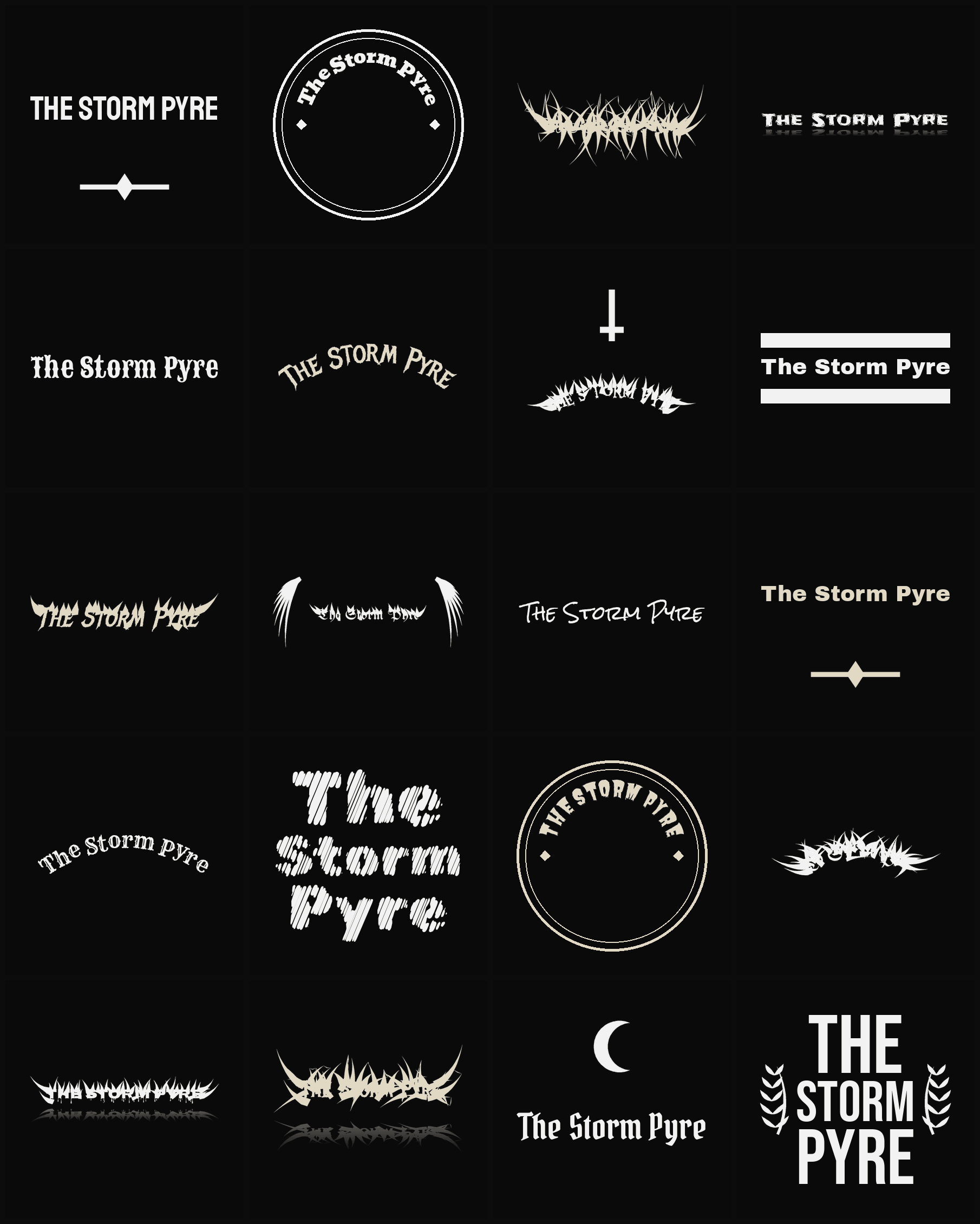 Twenty The Storm Pyre band logo ideas — different faces, treatments and spike settings