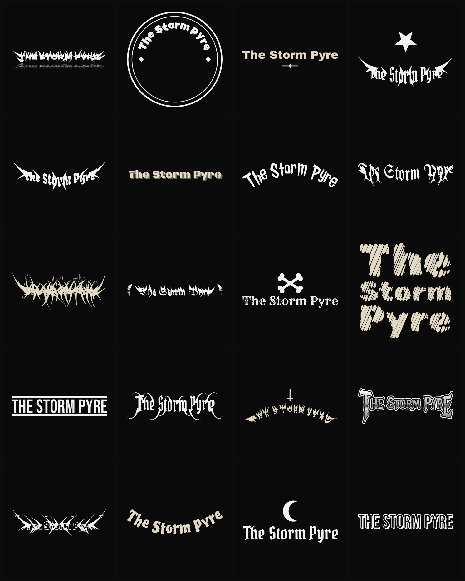 Twenty The Storm Pyre band logo ideas — different faces, treatments and spike settings