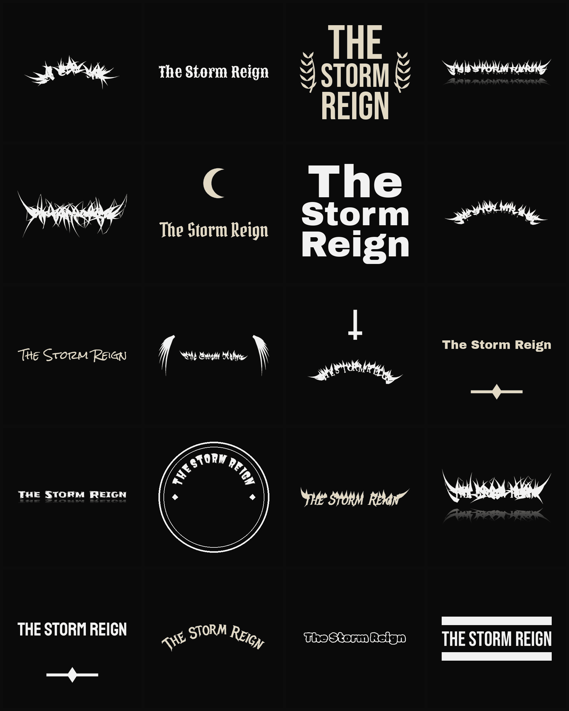 Twenty The Storm Reign band logo ideas — different faces, treatments and spike settings