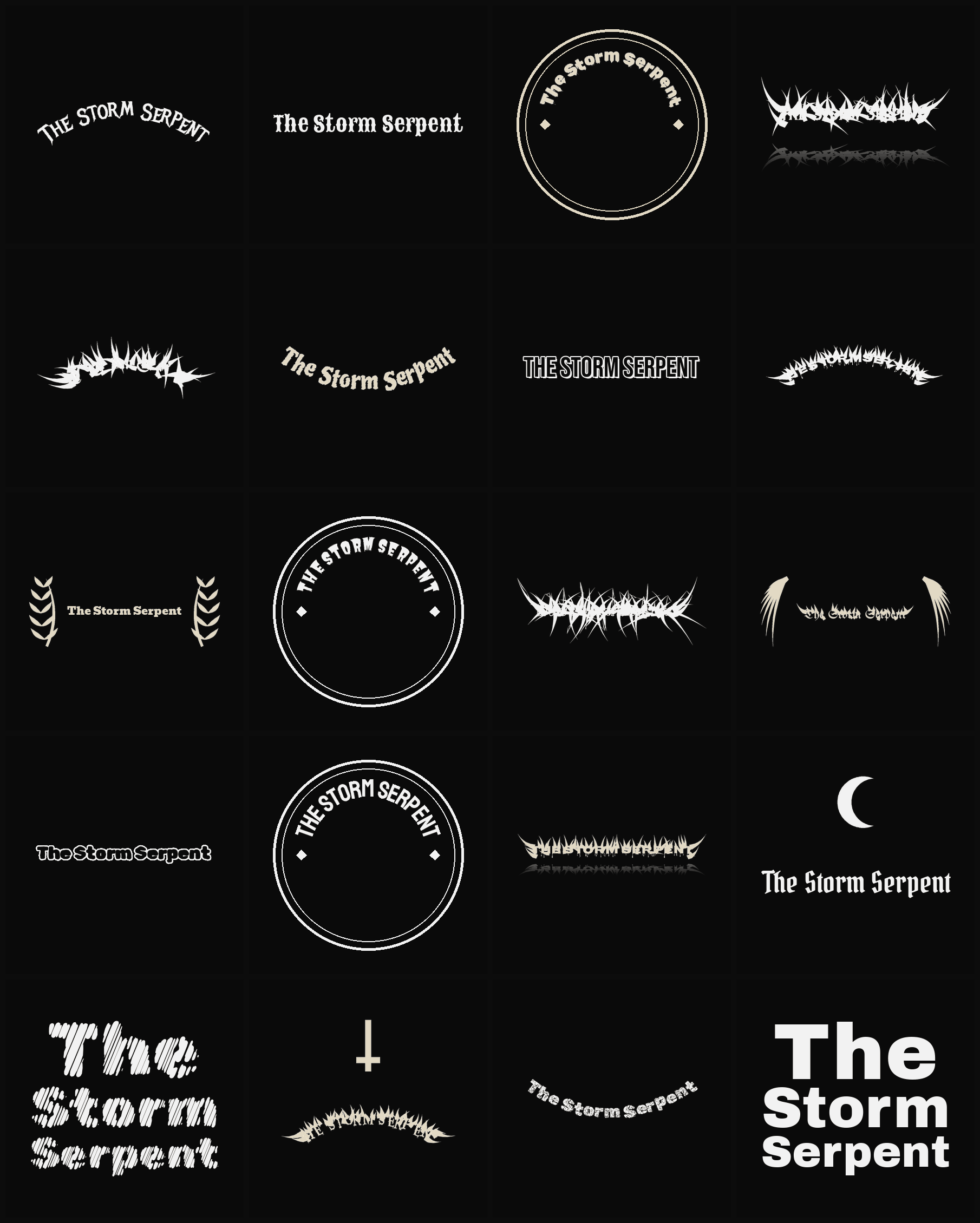 Twenty The Storm Serpent band logo ideas — different faces, treatments and spike settings