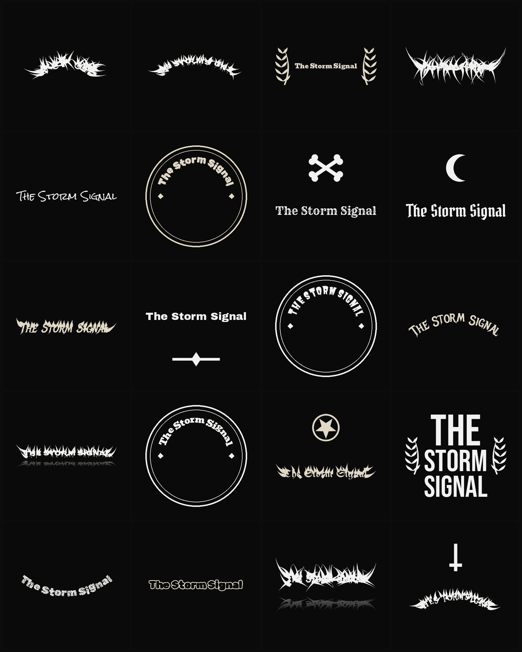 Twenty The Storm Signal band logo ideas — different faces, treatments and spike settings
