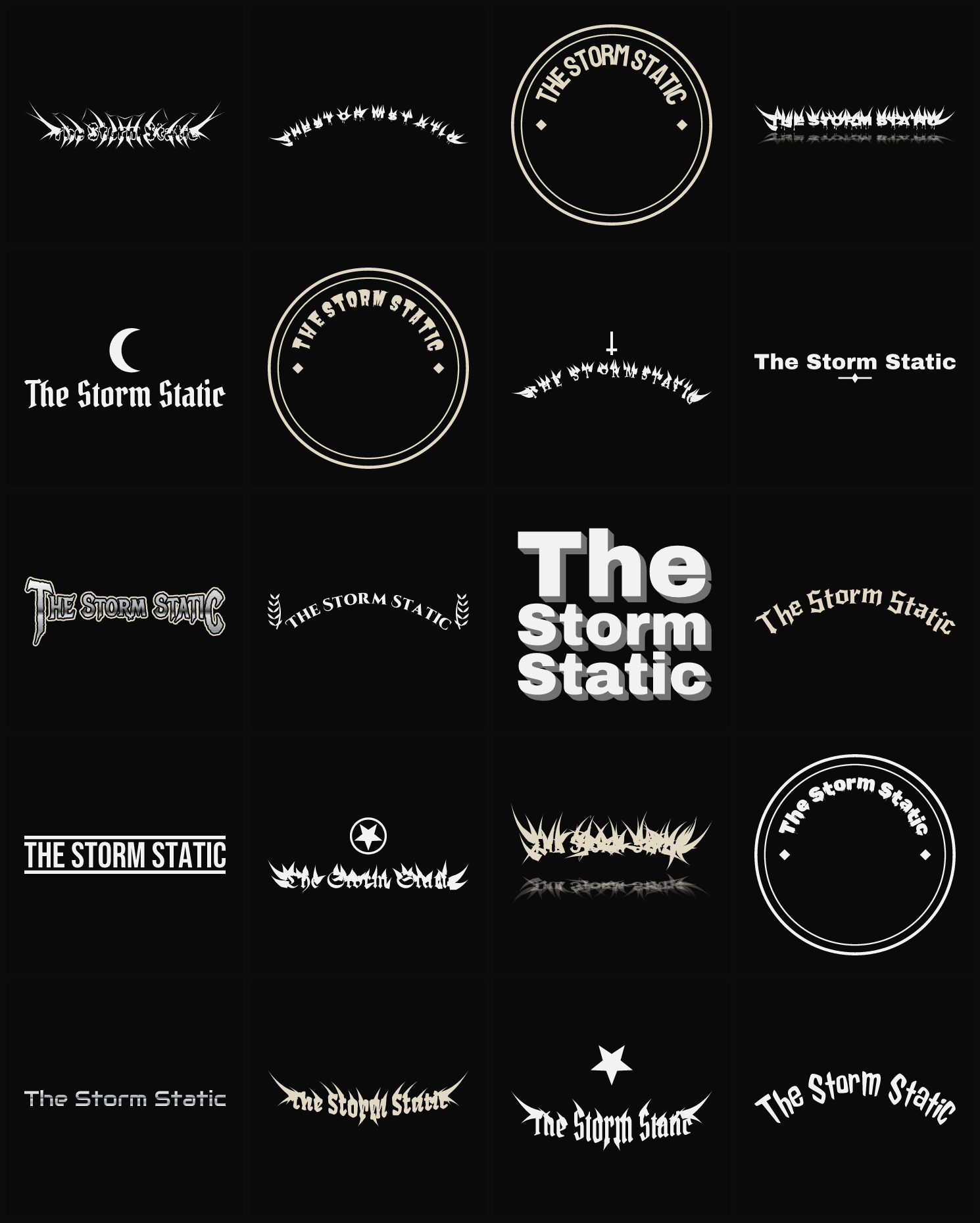 Twenty The Storm Static band logo ideas — different faces, treatments and spike settings