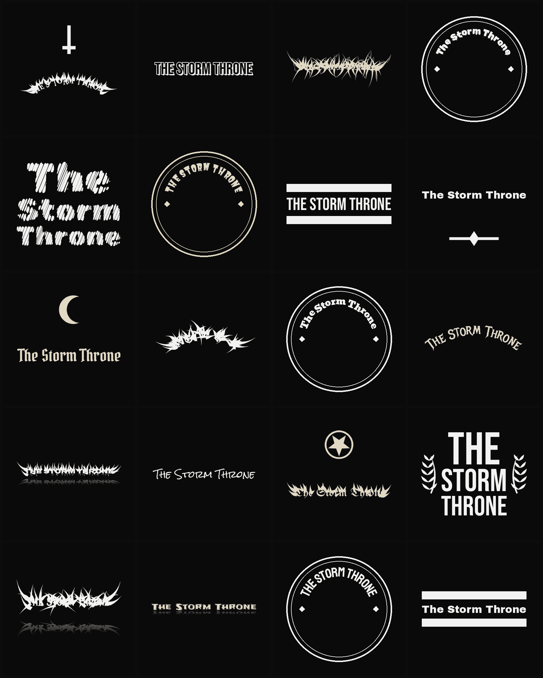 Twenty The Storm Throne band logo ideas — different faces, treatments and spike settings