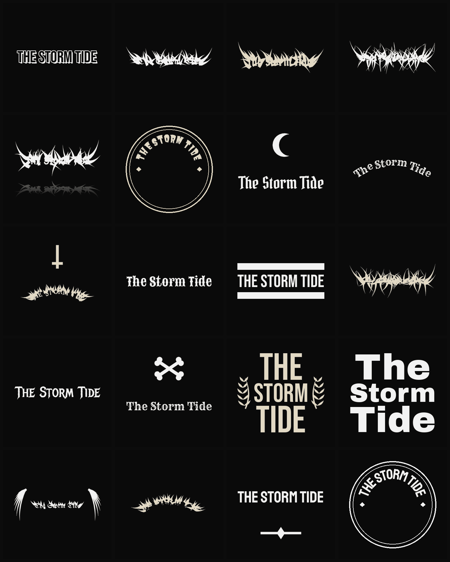Twenty The Storm Tide band logo ideas — different faces, treatments and spike settings