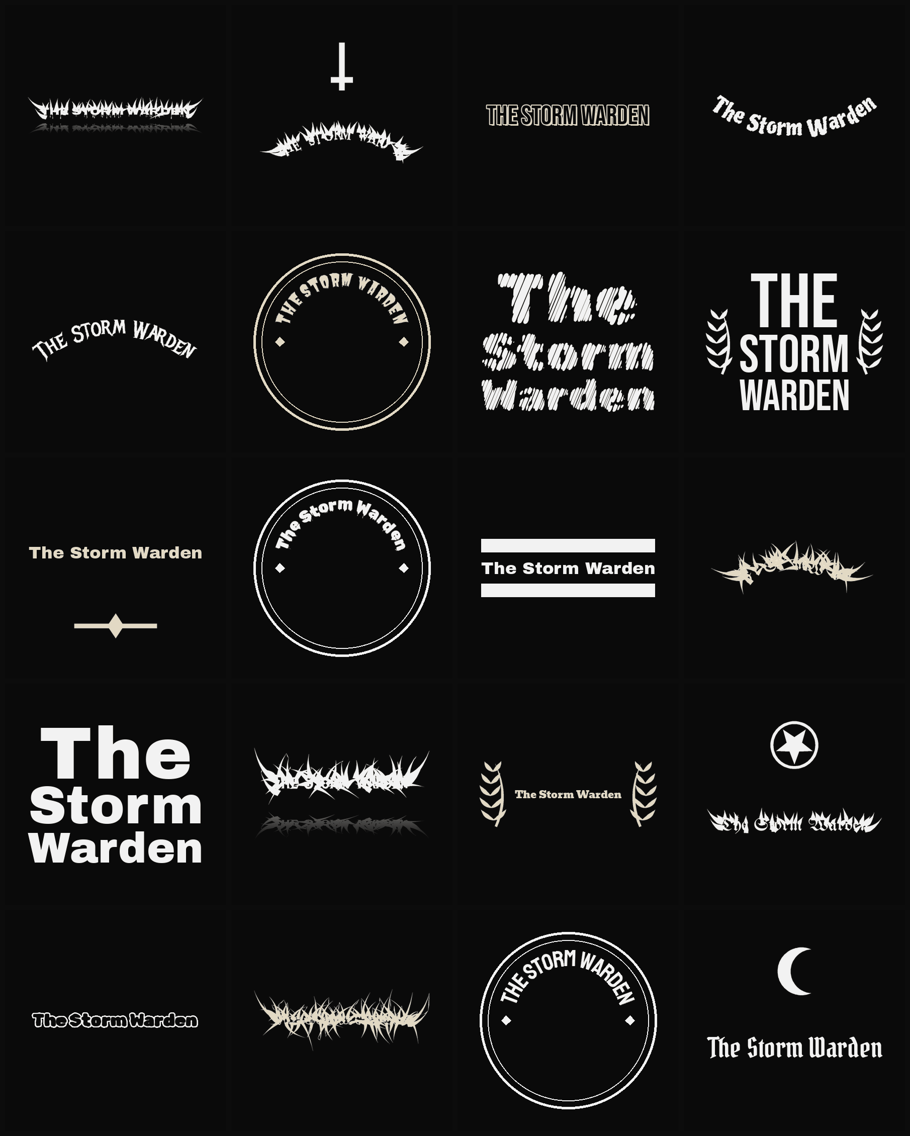 Twenty The Storm Warden band logo ideas — different faces, treatments and spike settings