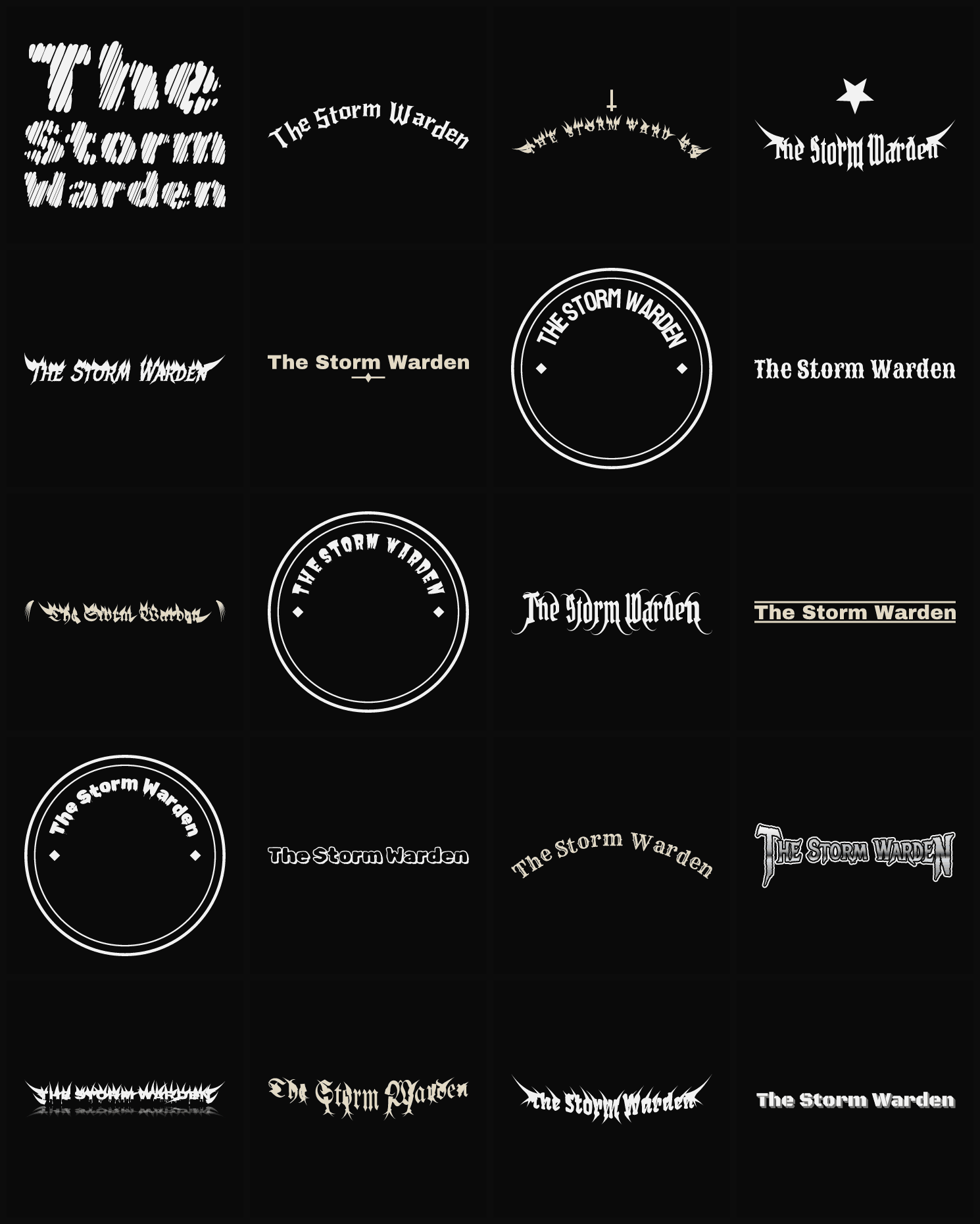 Twenty The Storm Warden band logo ideas — different faces, treatments and spike settings