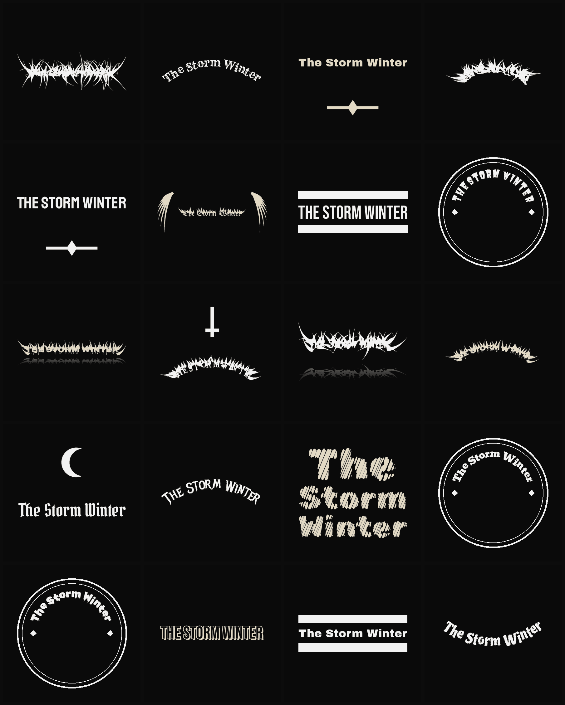 Twenty The Storm Winter band logo ideas — different faces, treatments and spike settings
