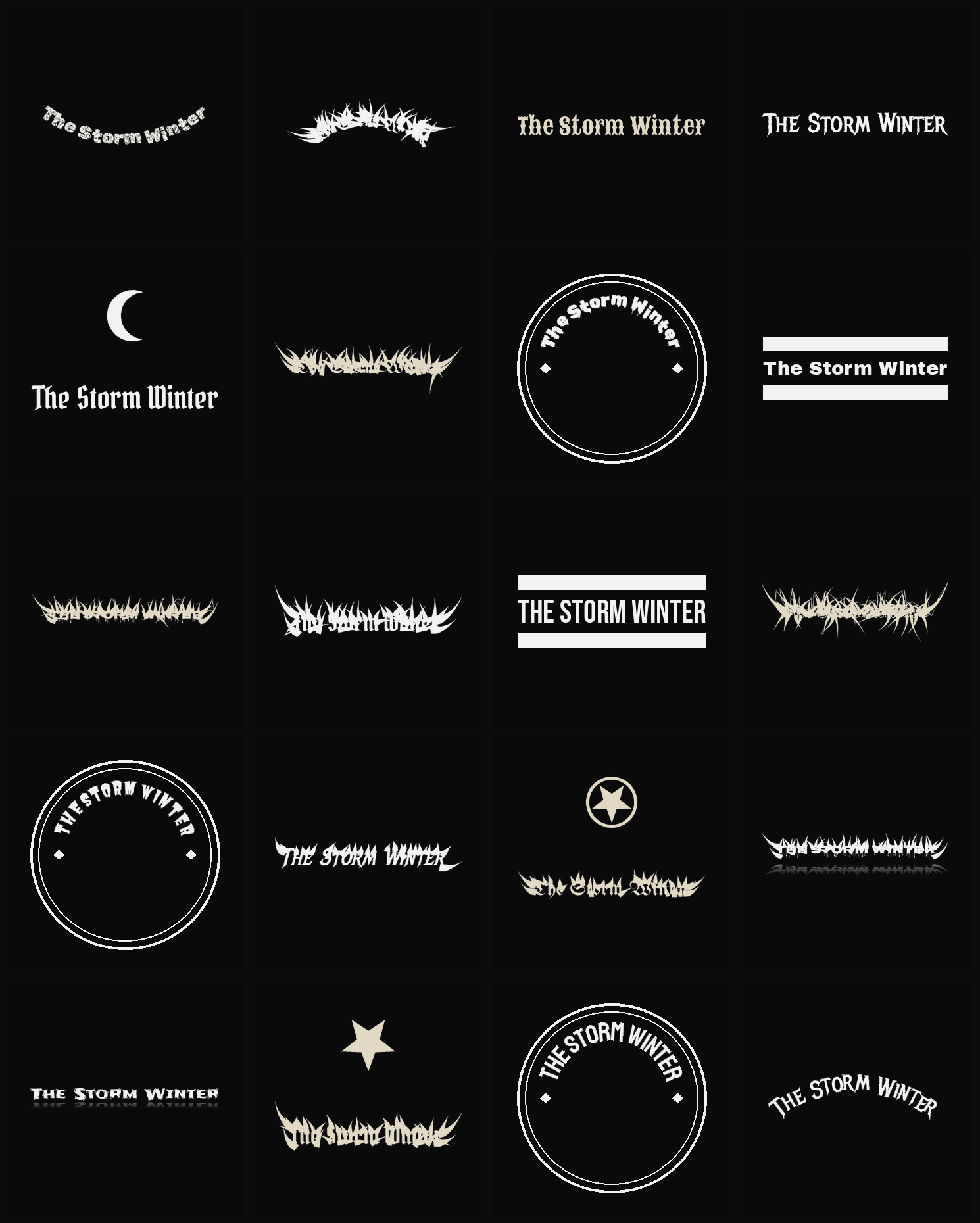 Twenty The Storm Winter band logo ideas — different faces, treatments and spike settings