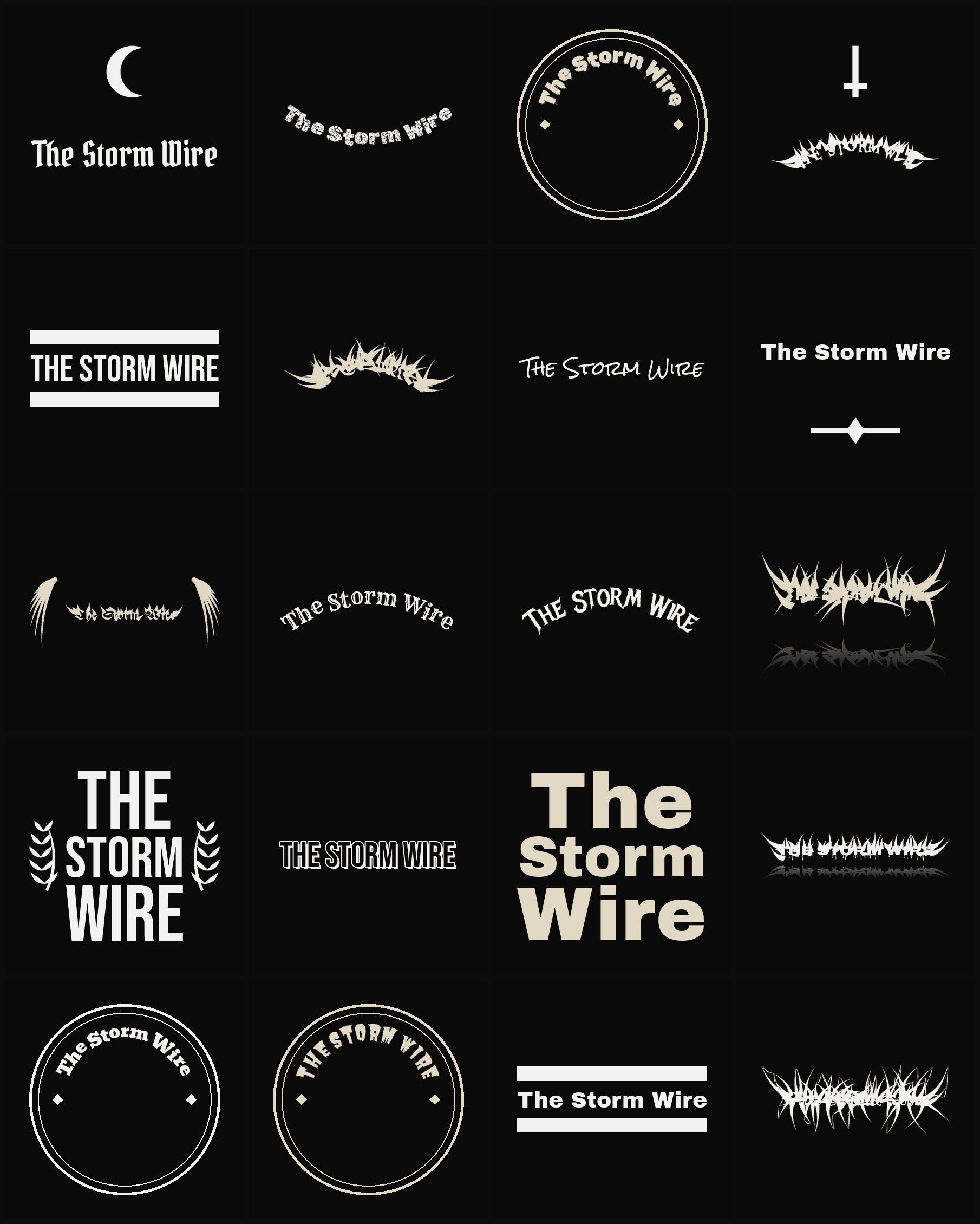 Twenty The Storm Wire band logo ideas — different faces, treatments and spike settings