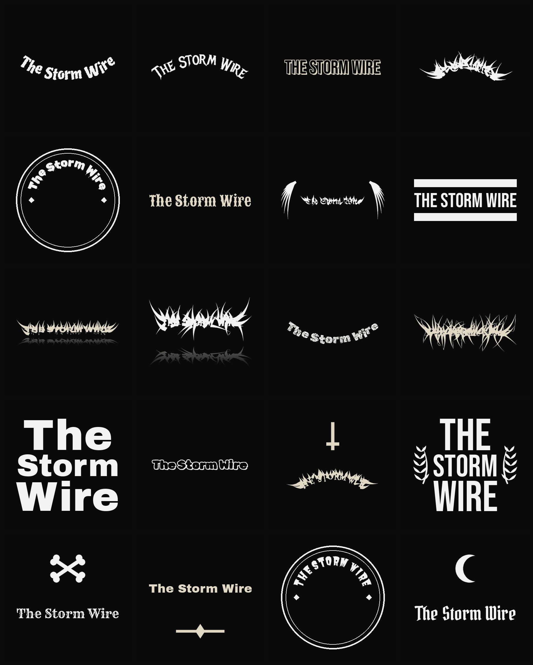 Twenty The Storm Wire band logo ideas — different faces, treatments and spike settings