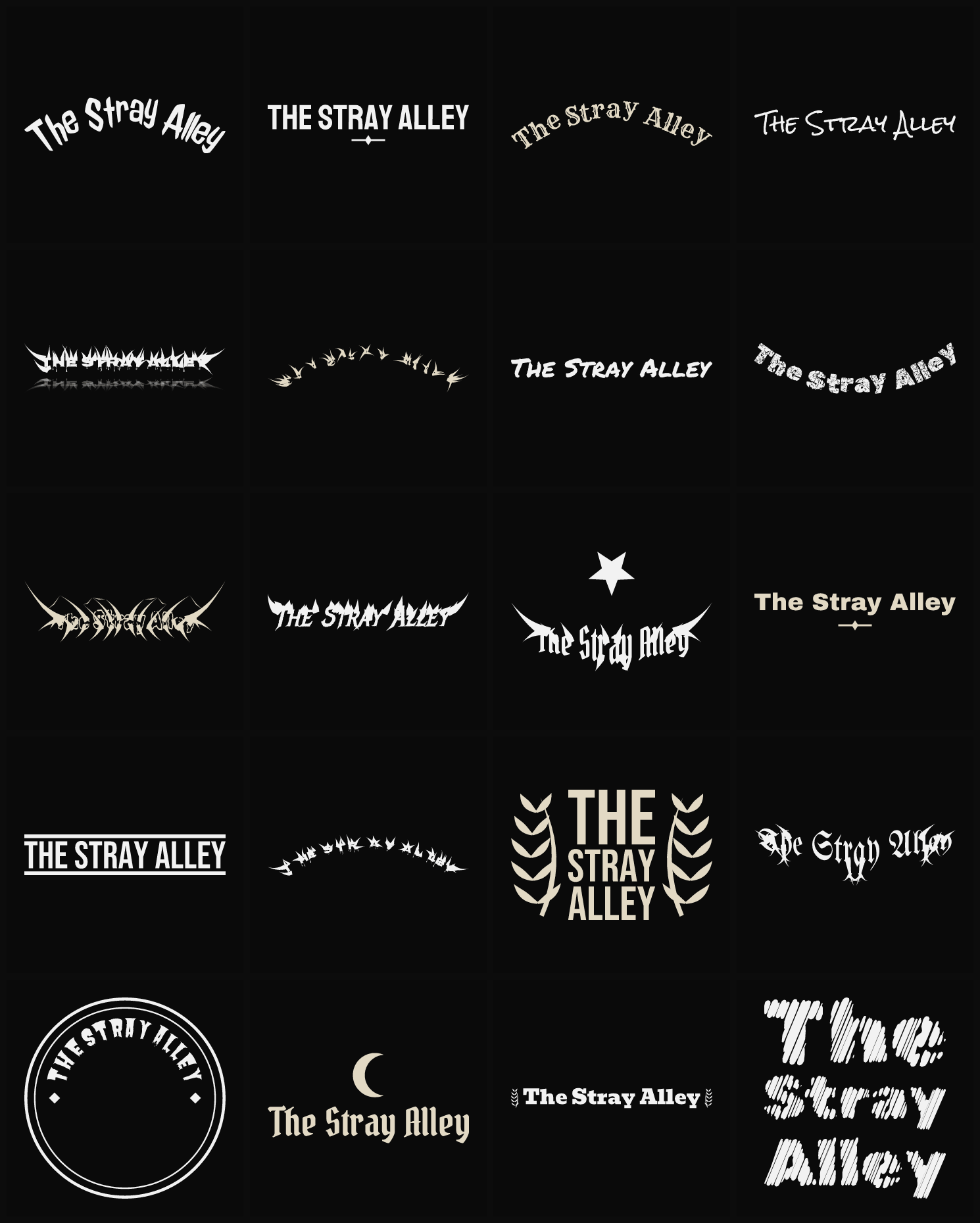 Twenty The Stray Alley band logo ideas — different faces, treatments and spike settings