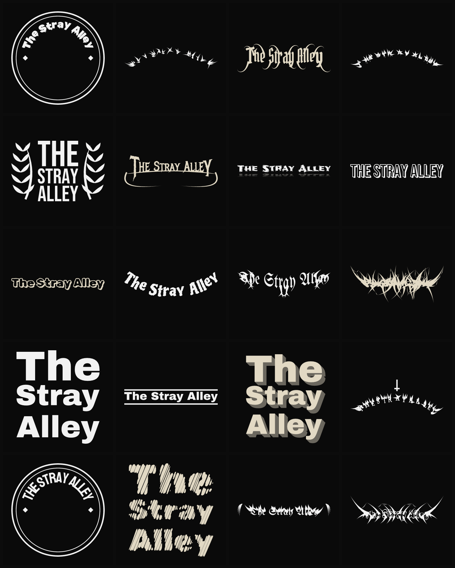 Twenty The Stray Alley band logo ideas — different faces, treatments and spike settings