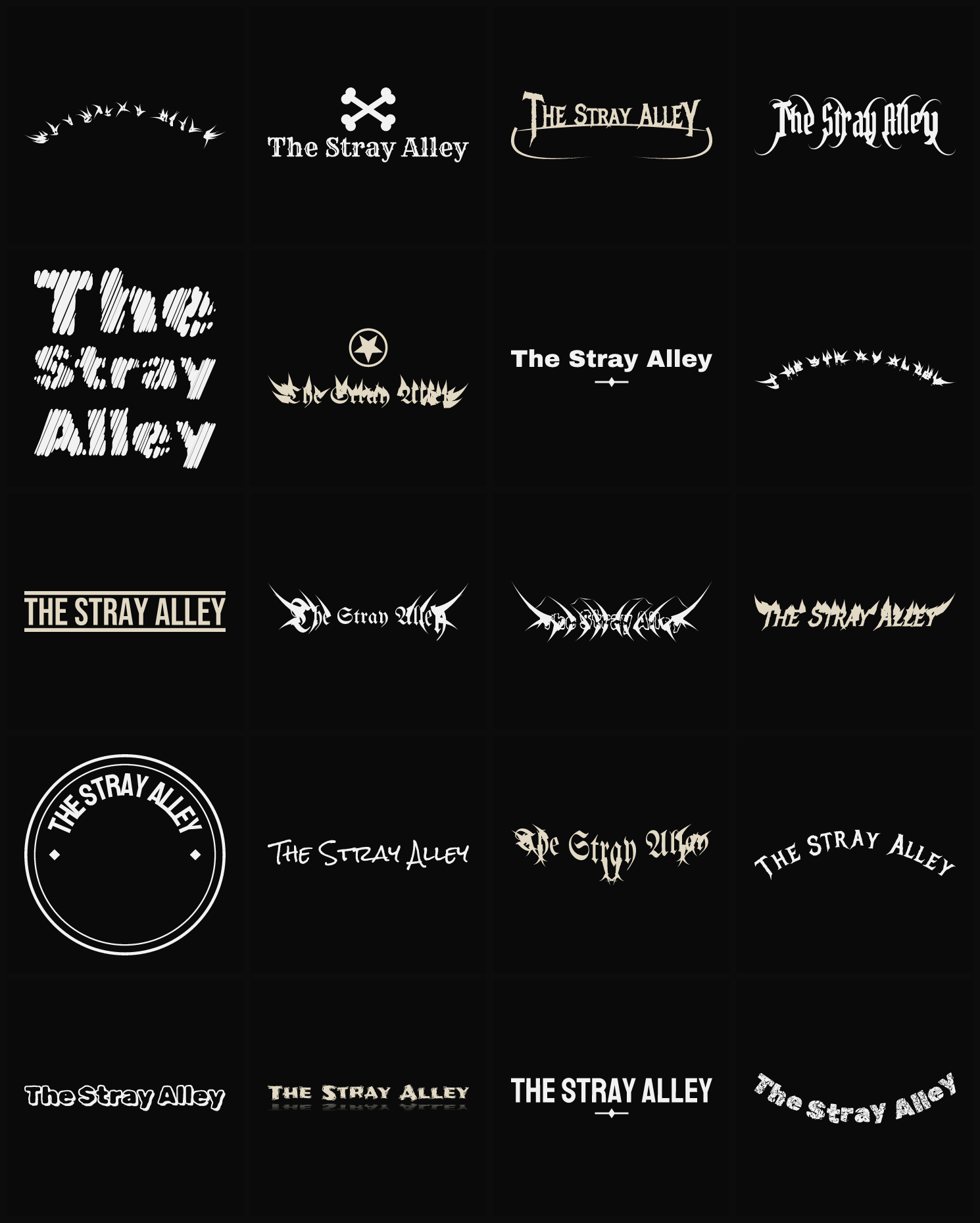 Twenty The Stray Alley band logo ideas — different faces, treatments and spike settings