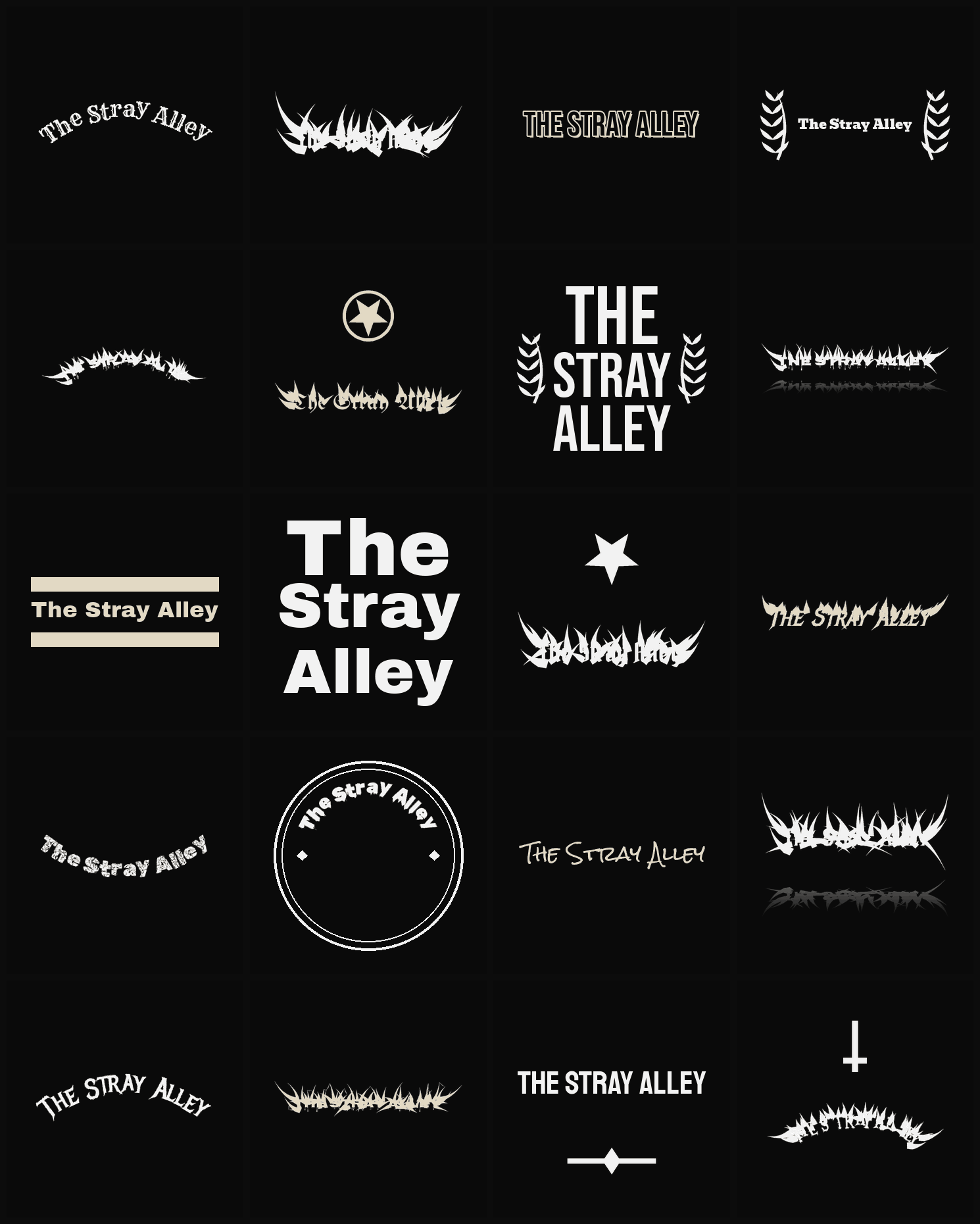 Twenty The Stray Alley band logo ideas — different faces, treatments and spike settings