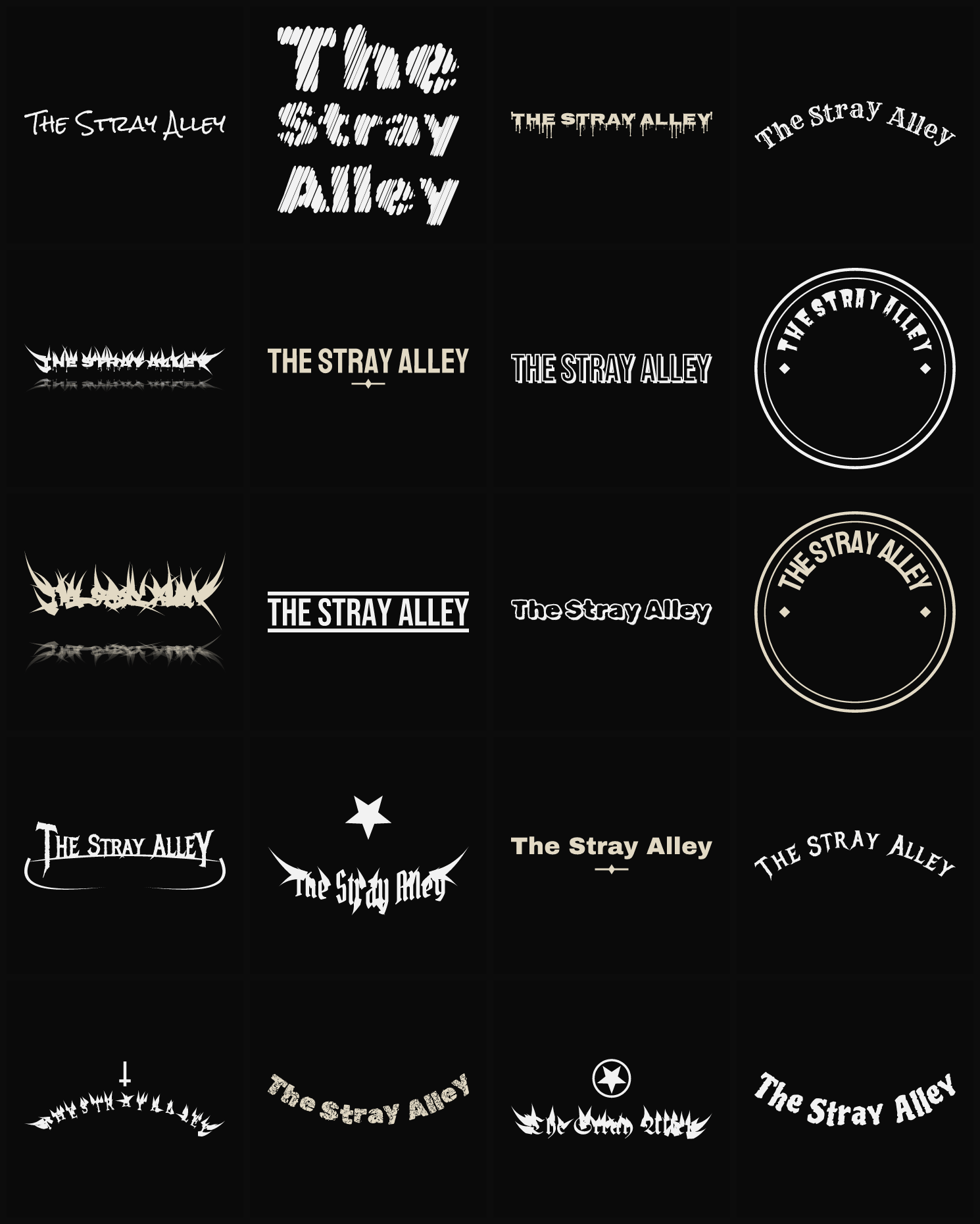 Twenty The Stray Alley band logo ideas — different faces, treatments and spike settings