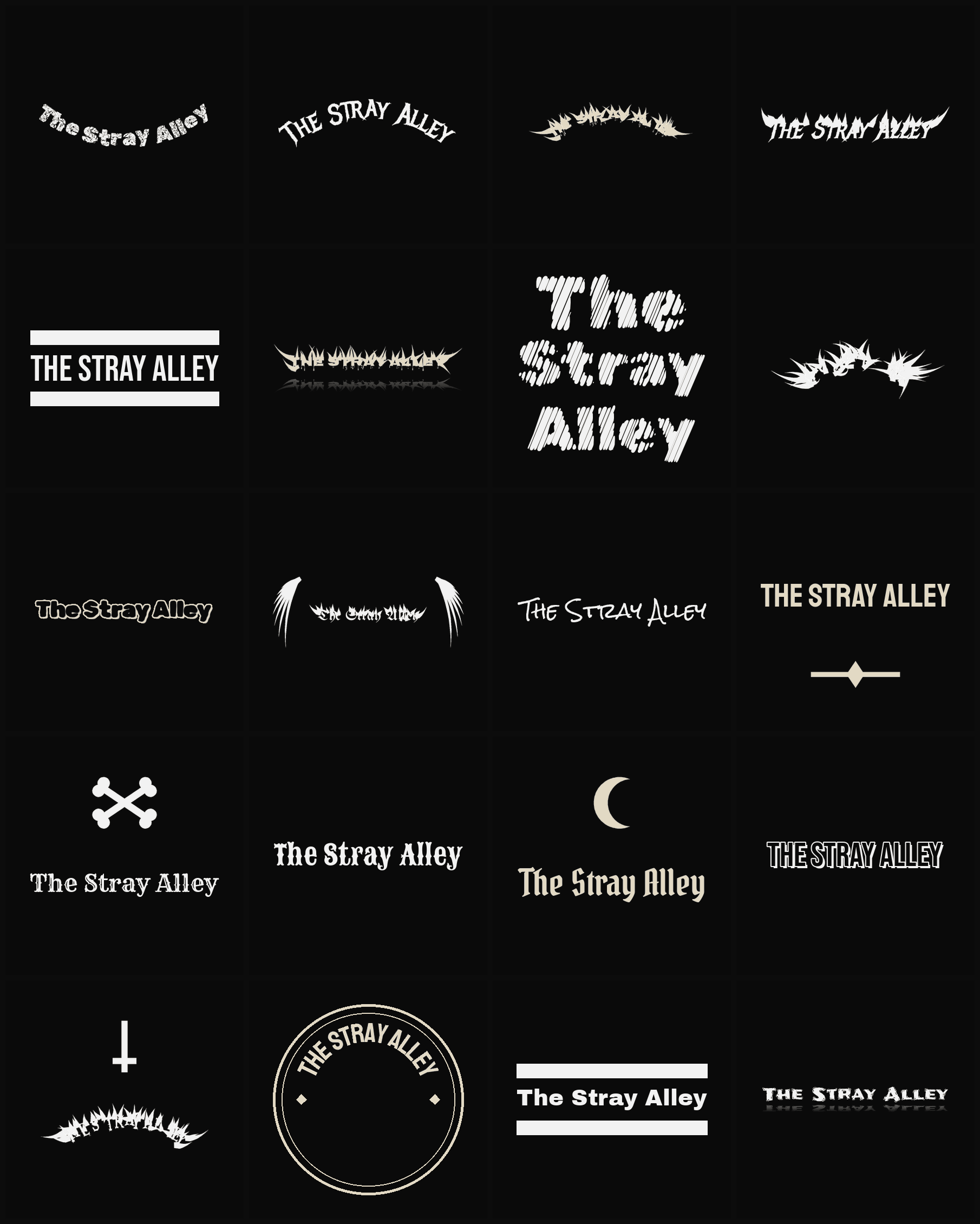 Twenty The Stray Alley band logo ideas — different faces, treatments and spike settings