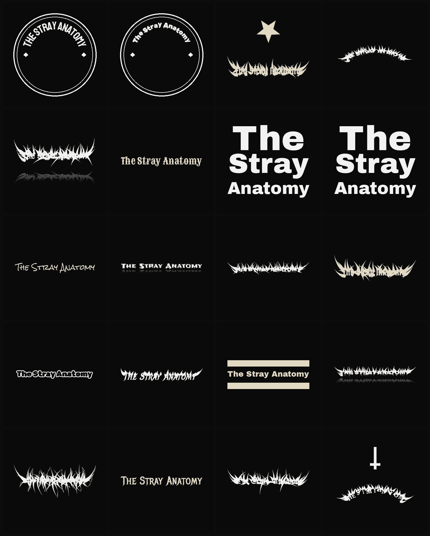 Twenty The Stray Anatomy band logo ideas — different faces, treatments and spike settings