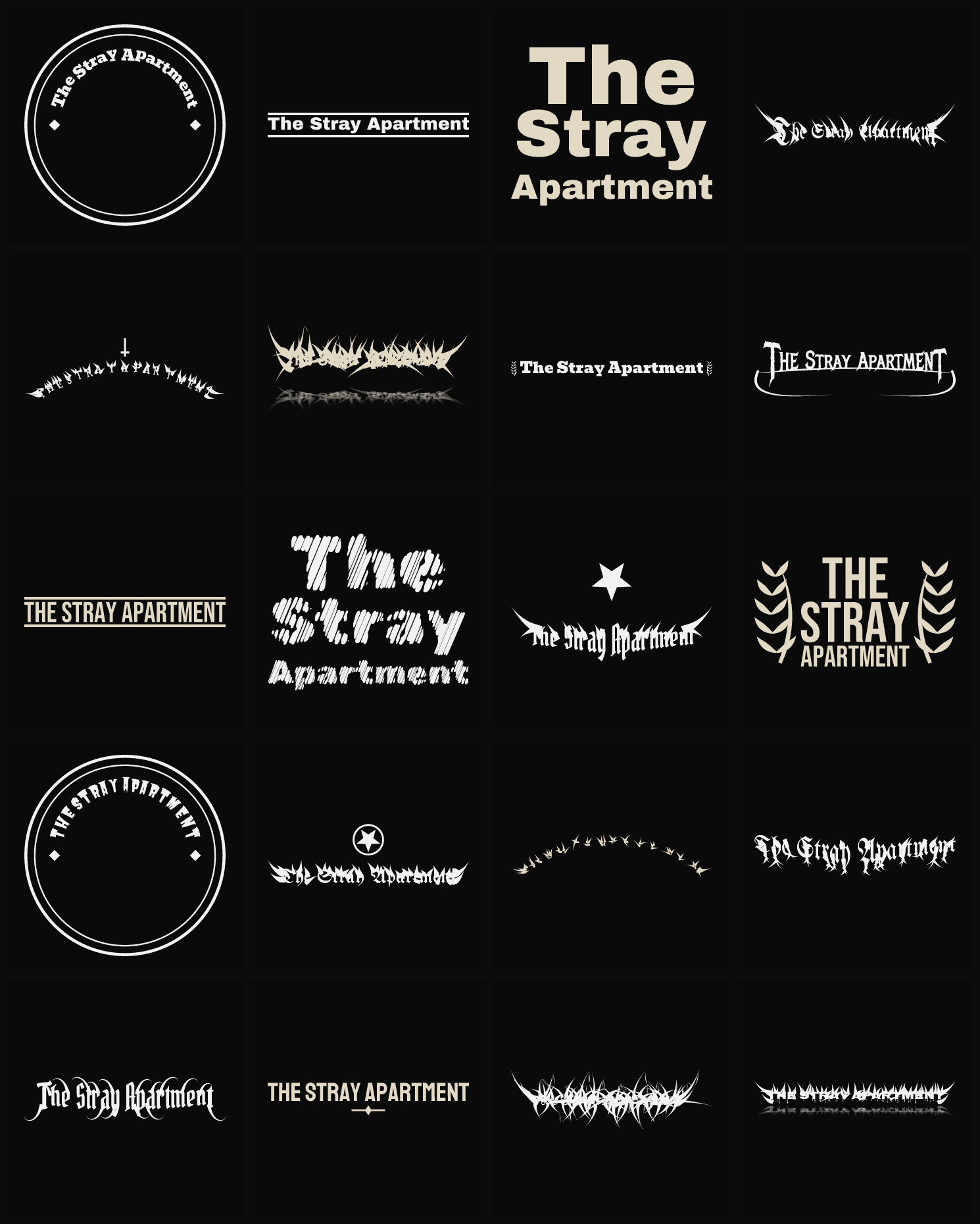 Twenty The Stray Apartment band logo ideas — different faces, treatments and spike settings