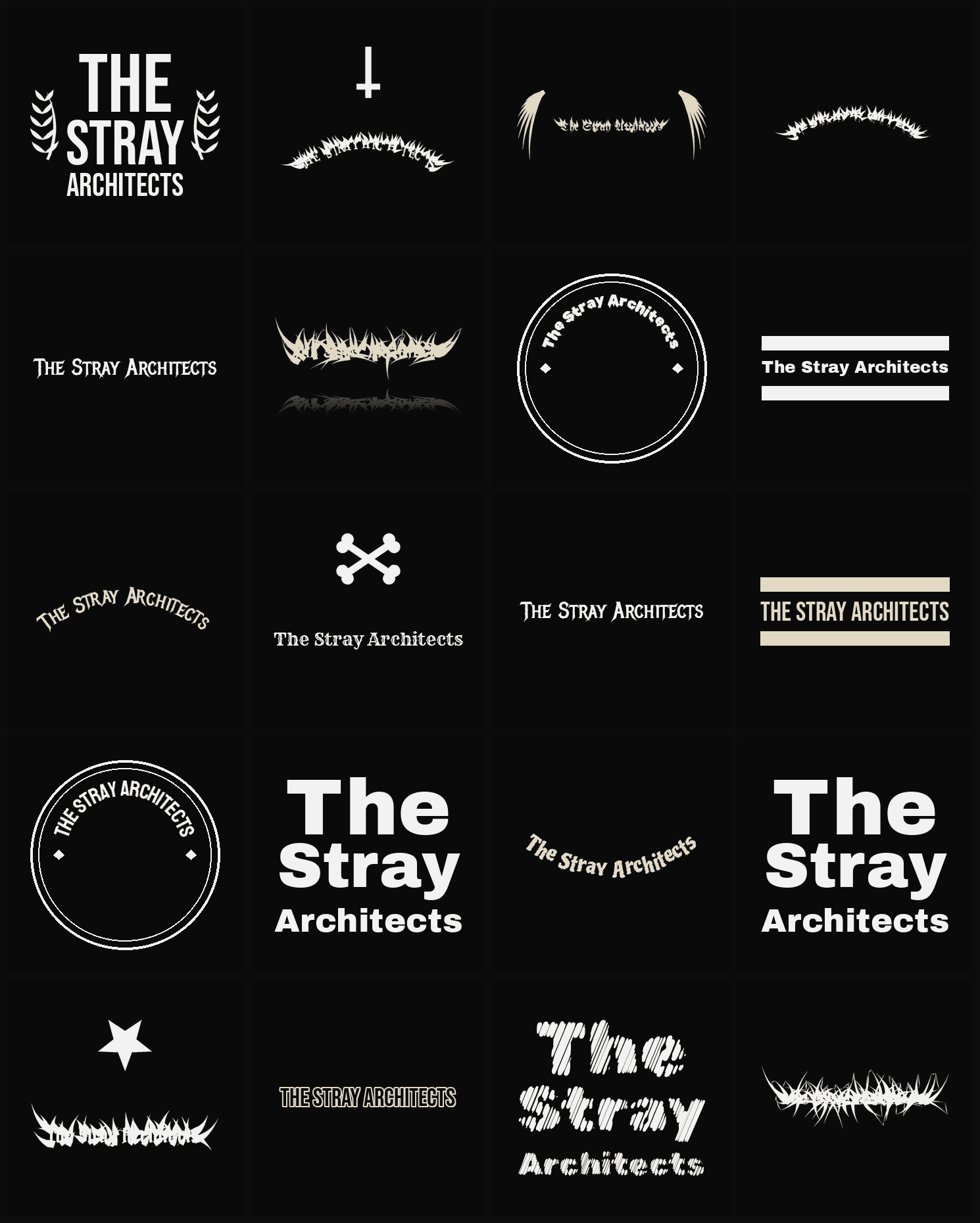 Twenty The Stray Architects band logo ideas — different faces, treatments and spike settings