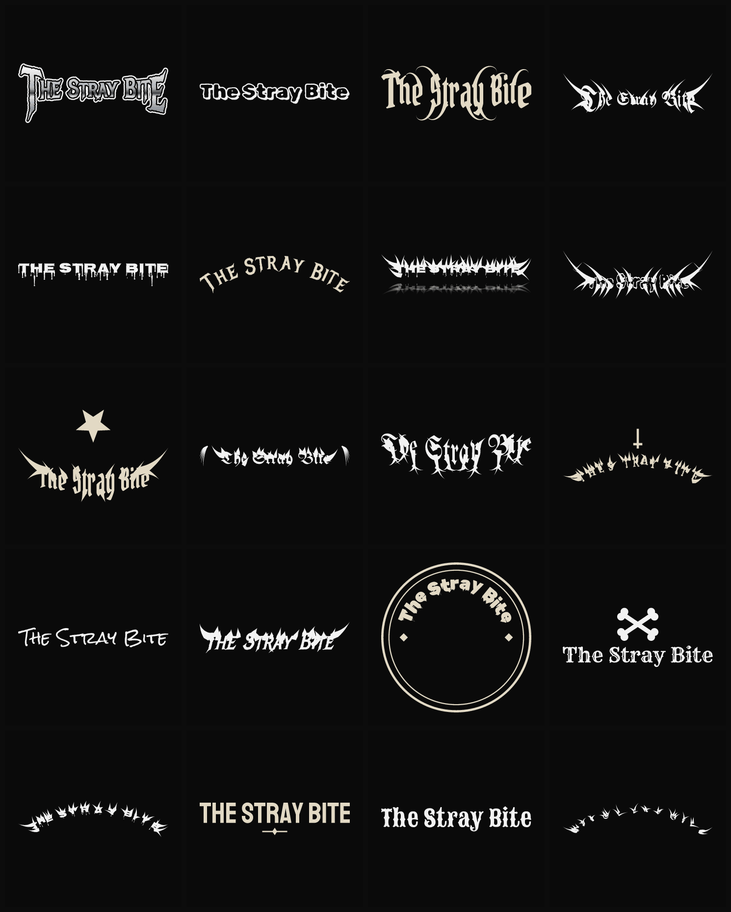 Twenty The Stray Bite band logo ideas — different faces, treatments and spike settings