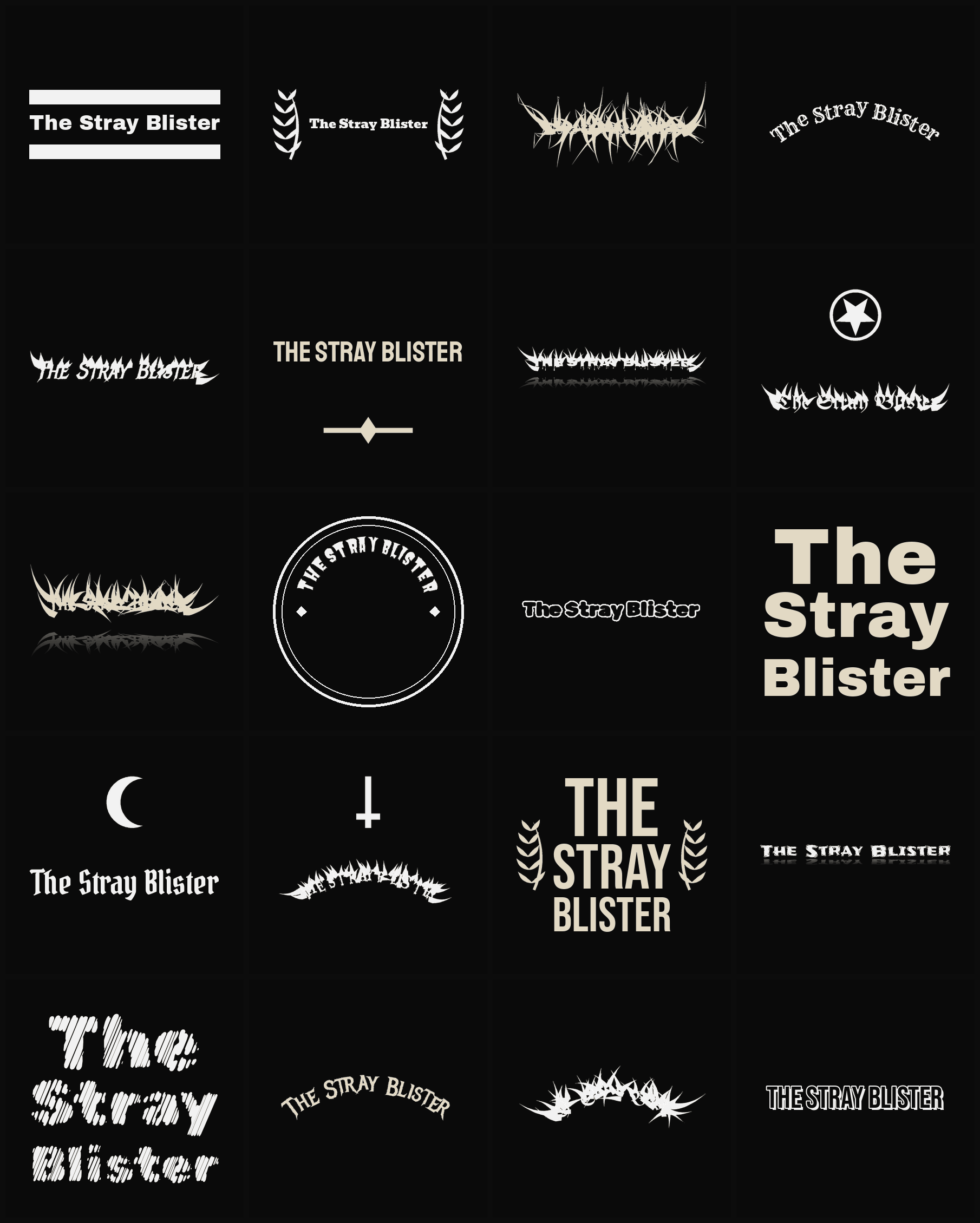 Twenty The Stray Blister band logo ideas — different faces, treatments and spike settings