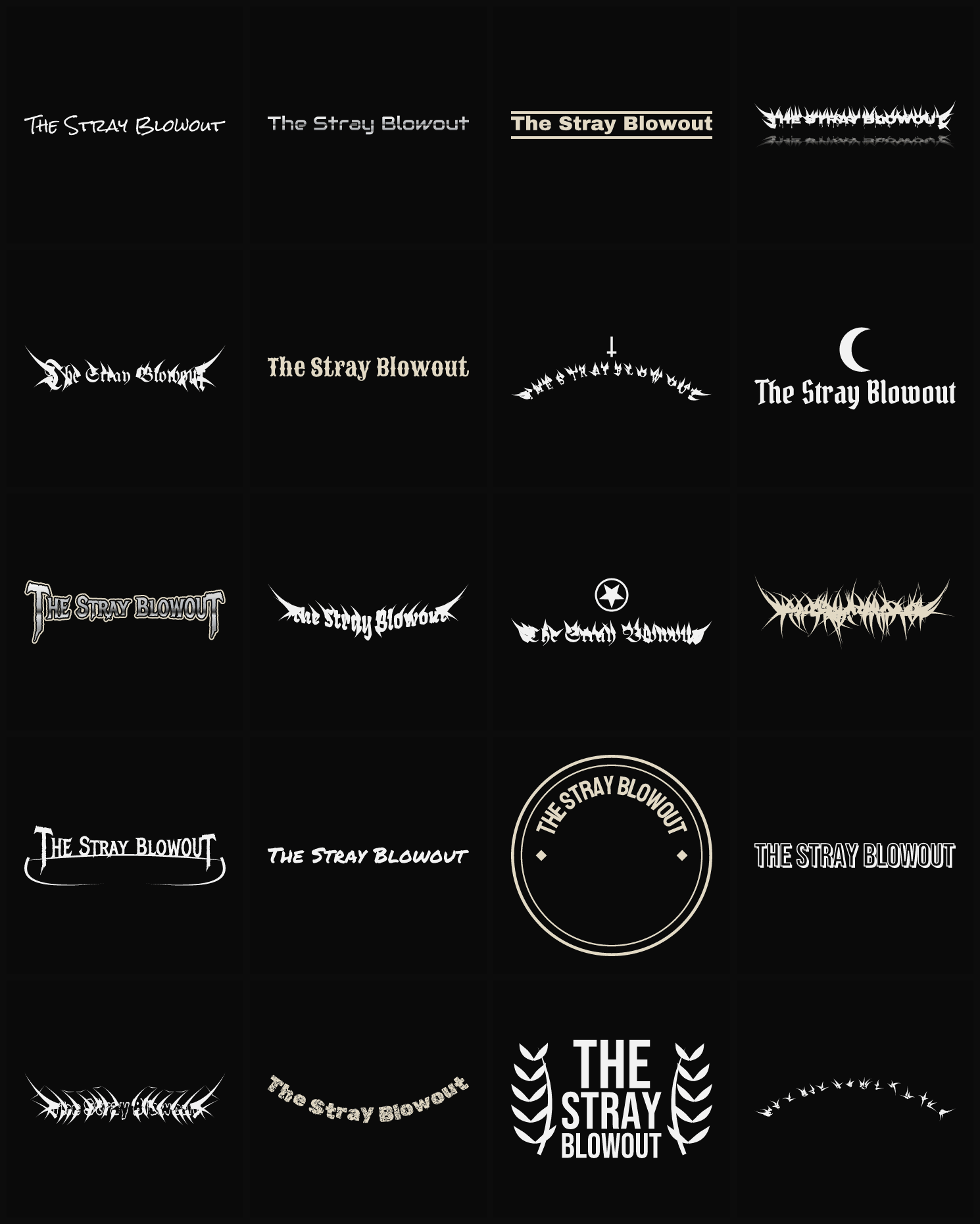 Twenty The Stray Blowout band logo ideas — different faces, treatments and spike settings