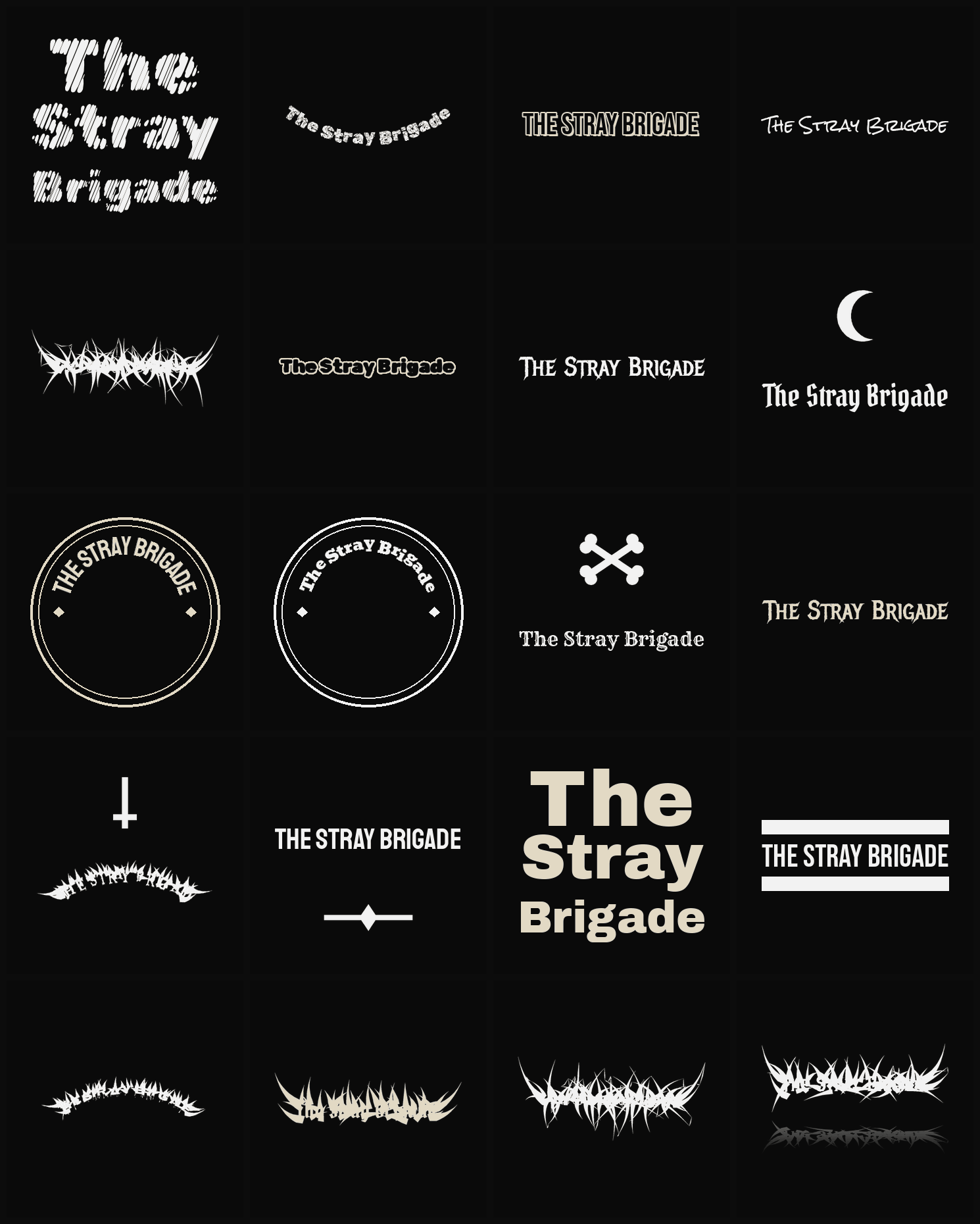 Twenty The Stray Brigade band logo ideas — different faces, treatments and spike settings