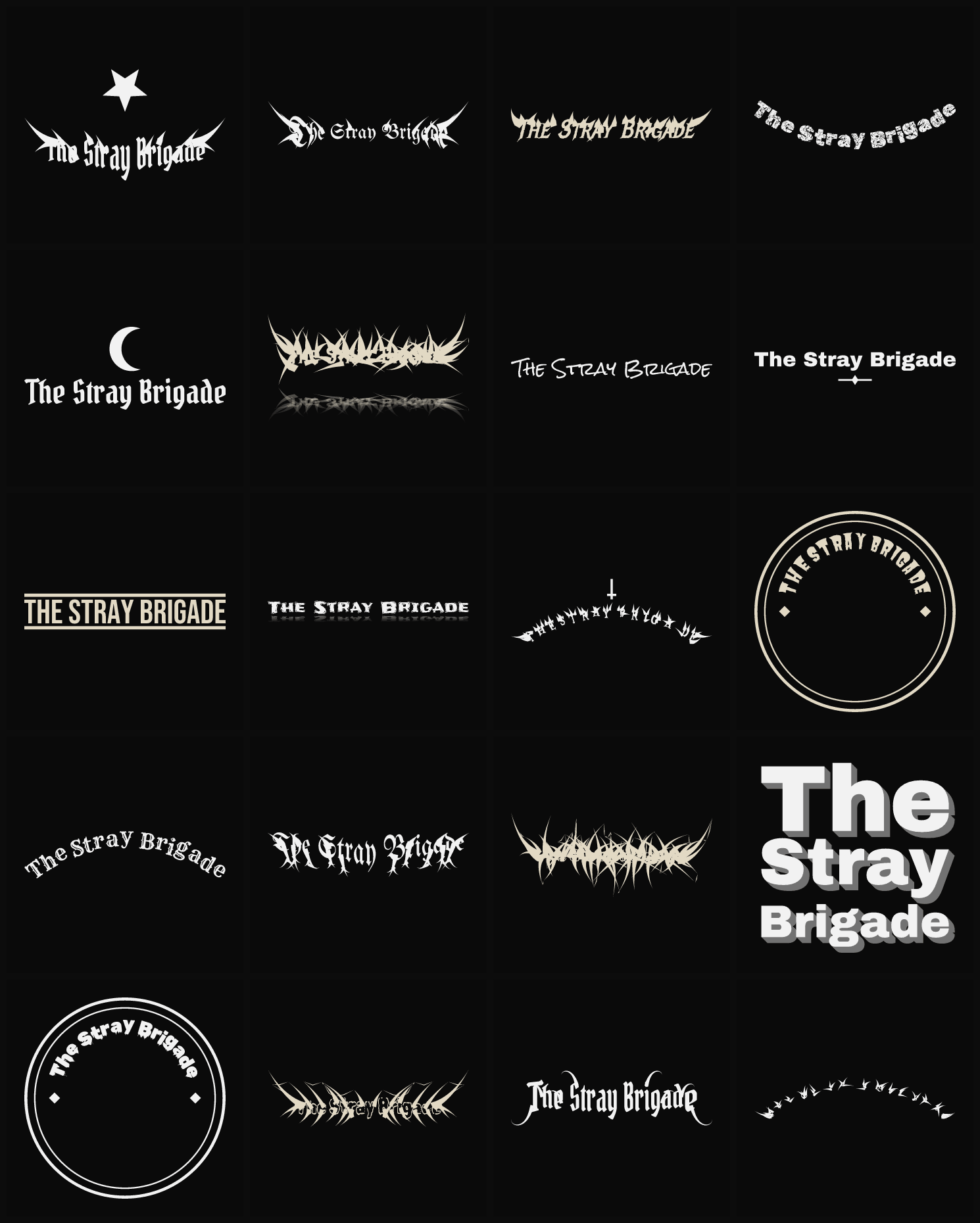 Twenty The Stray Brigade band logo ideas — different faces, treatments and spike settings