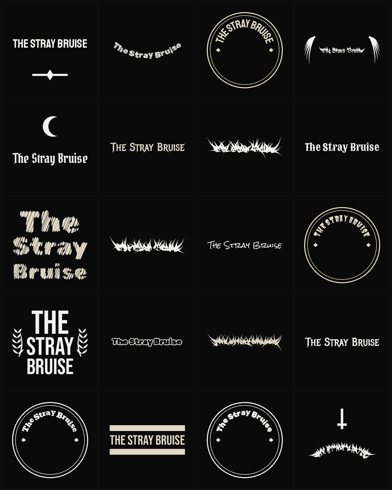 Twenty The Stray Bruise band logo ideas — different faces, treatments and spike settings