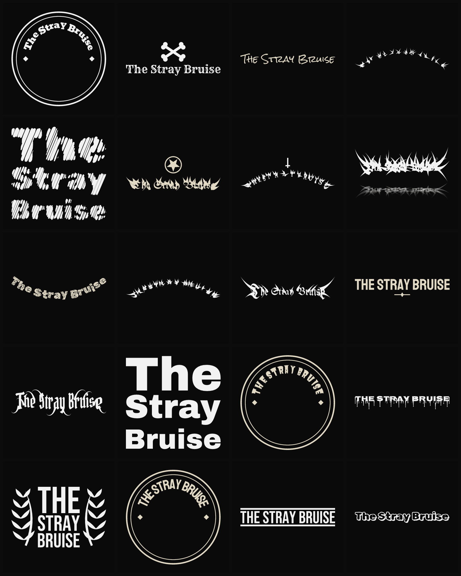 Twenty The Stray Bruise band logo ideas — different faces, treatments and spike settings