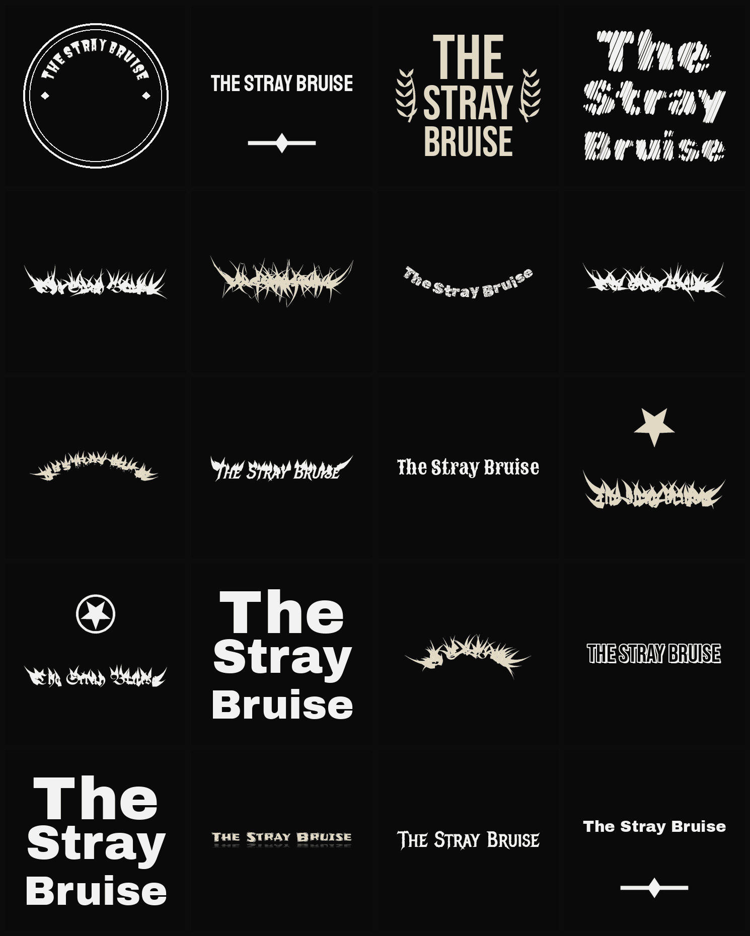 Twenty The Stray Bruise band logo ideas — different faces, treatments and spike settings