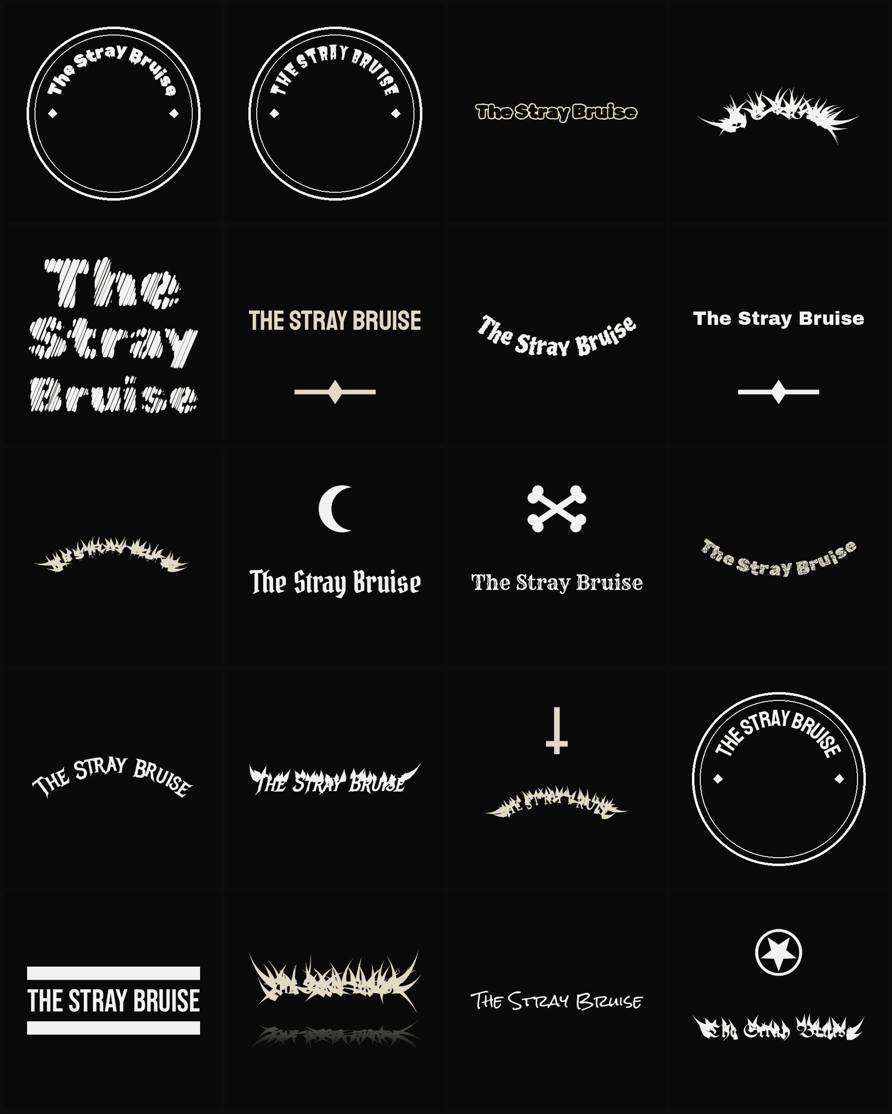 Twenty The Stray Bruise band logo ideas — different faces, treatments and spike settings