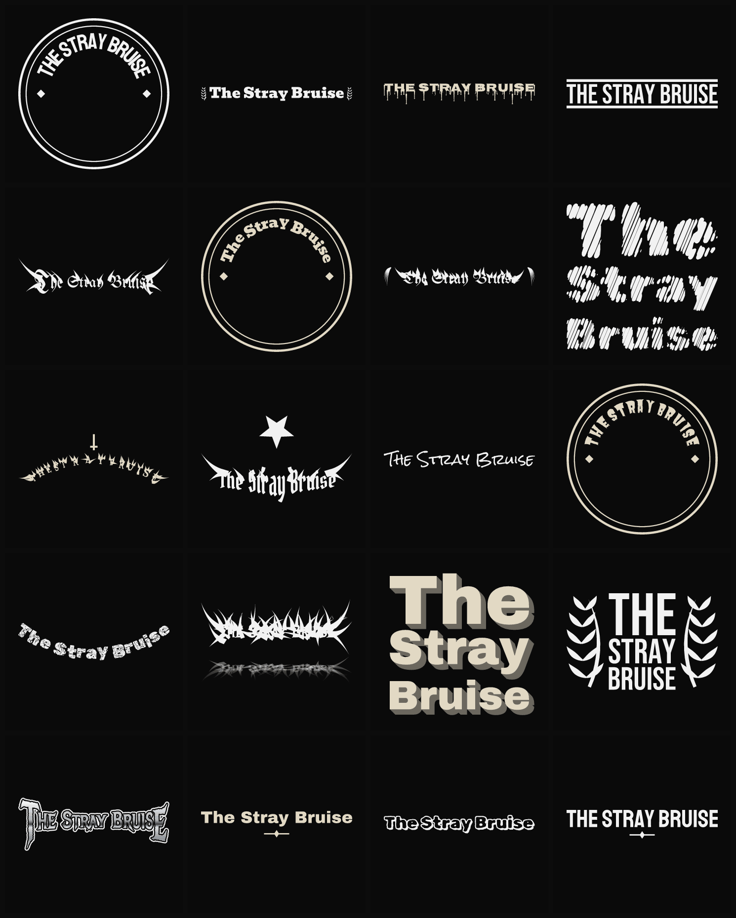 Twenty The Stray Bruise band logo ideas — different faces, treatments and spike settings