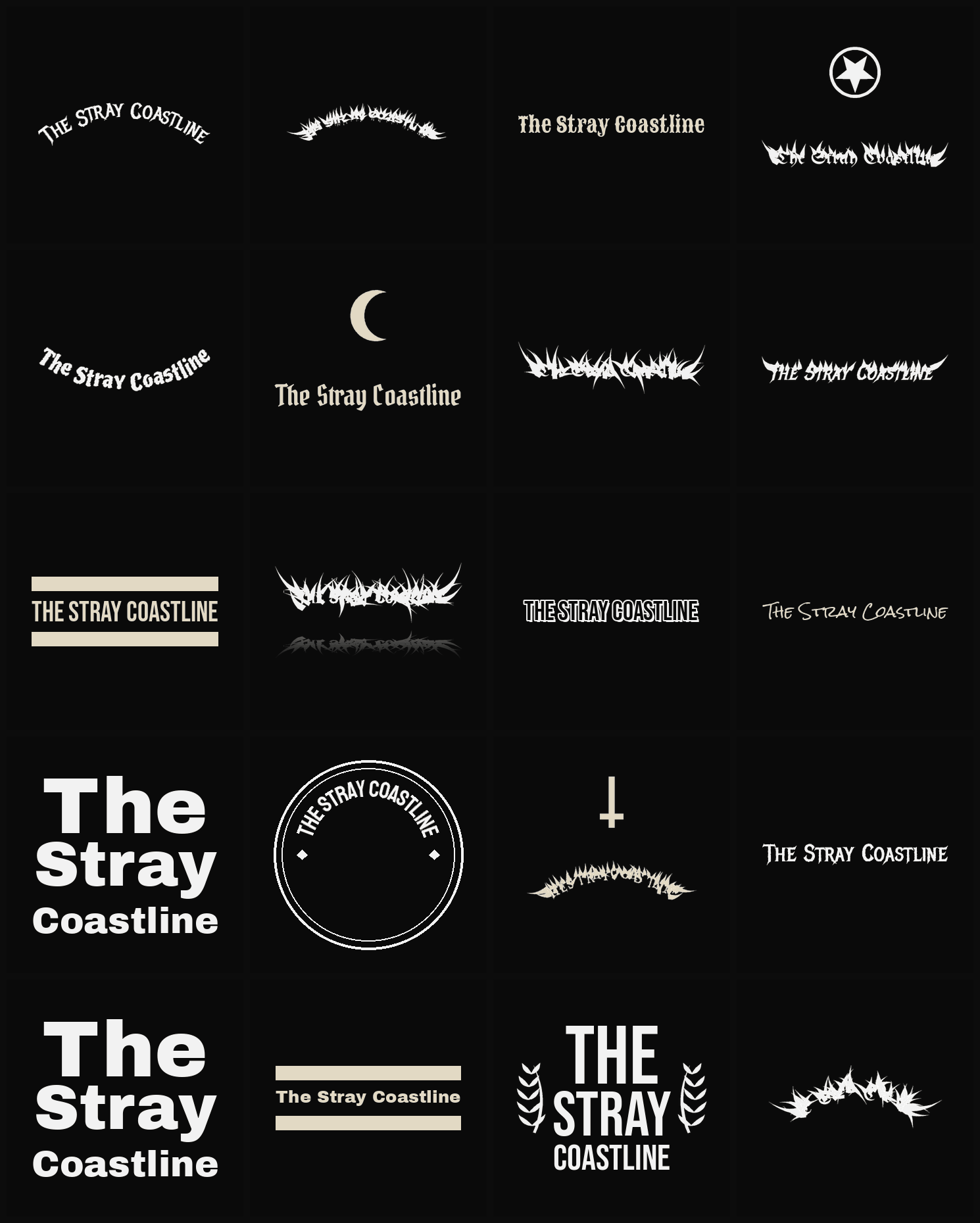 Twenty The Stray Coastline band logo ideas — different faces, treatments and spike settings