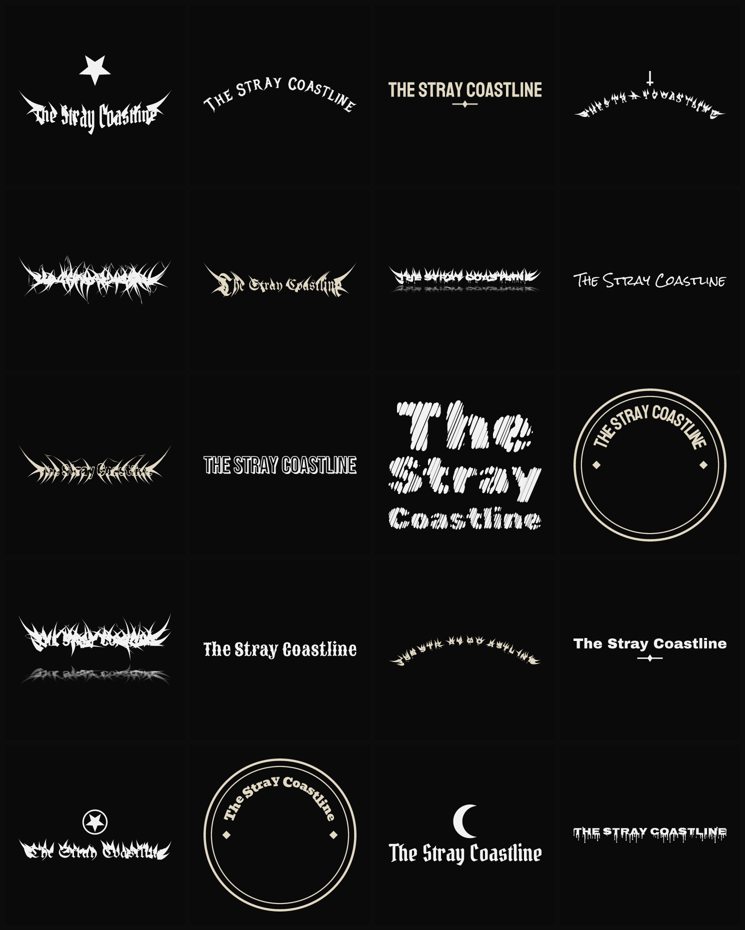 Twenty The Stray Coastline band logo ideas — different faces, treatments and spike settings